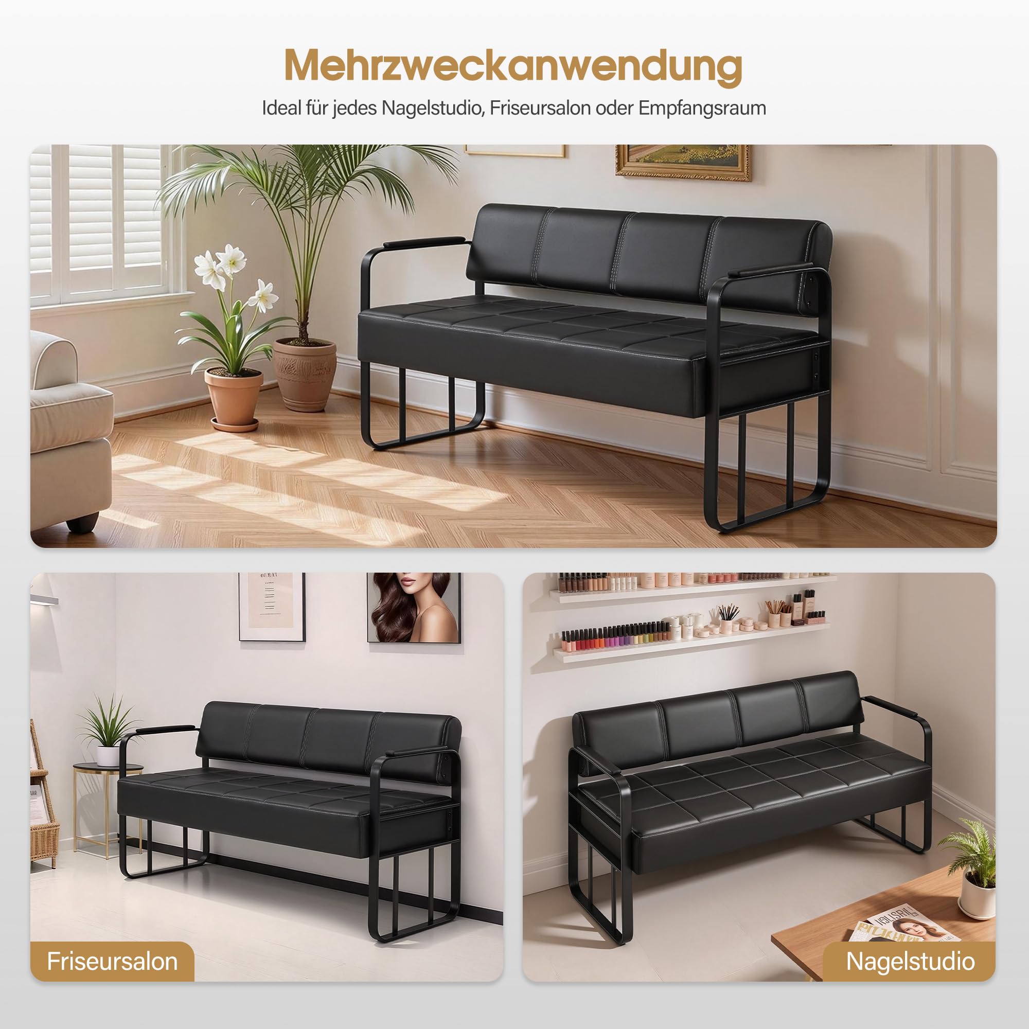Barberpub Panchina a 3 posti con braccioli nero opaco, panca imbottita con schienale, larghezza seduta 144 cm, panca d'attesa per parrucchiere, panca da soggiorno W528 (Nero/pelle sintetica)