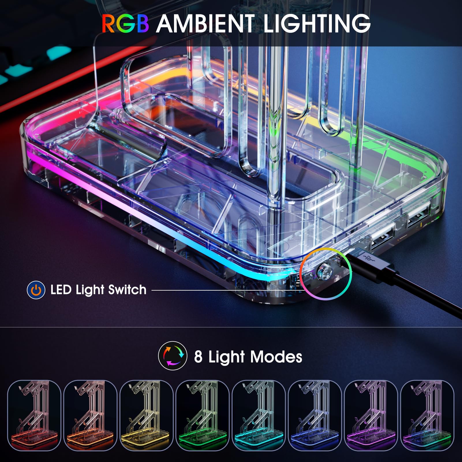 Luckit Soporte para Auriculares RGB con 2 Puertos de Carga USB, Soporte de Controlador Dual con Modos de luz, Accesorios para Colgar Auriculares para Jugadores de Escritorio