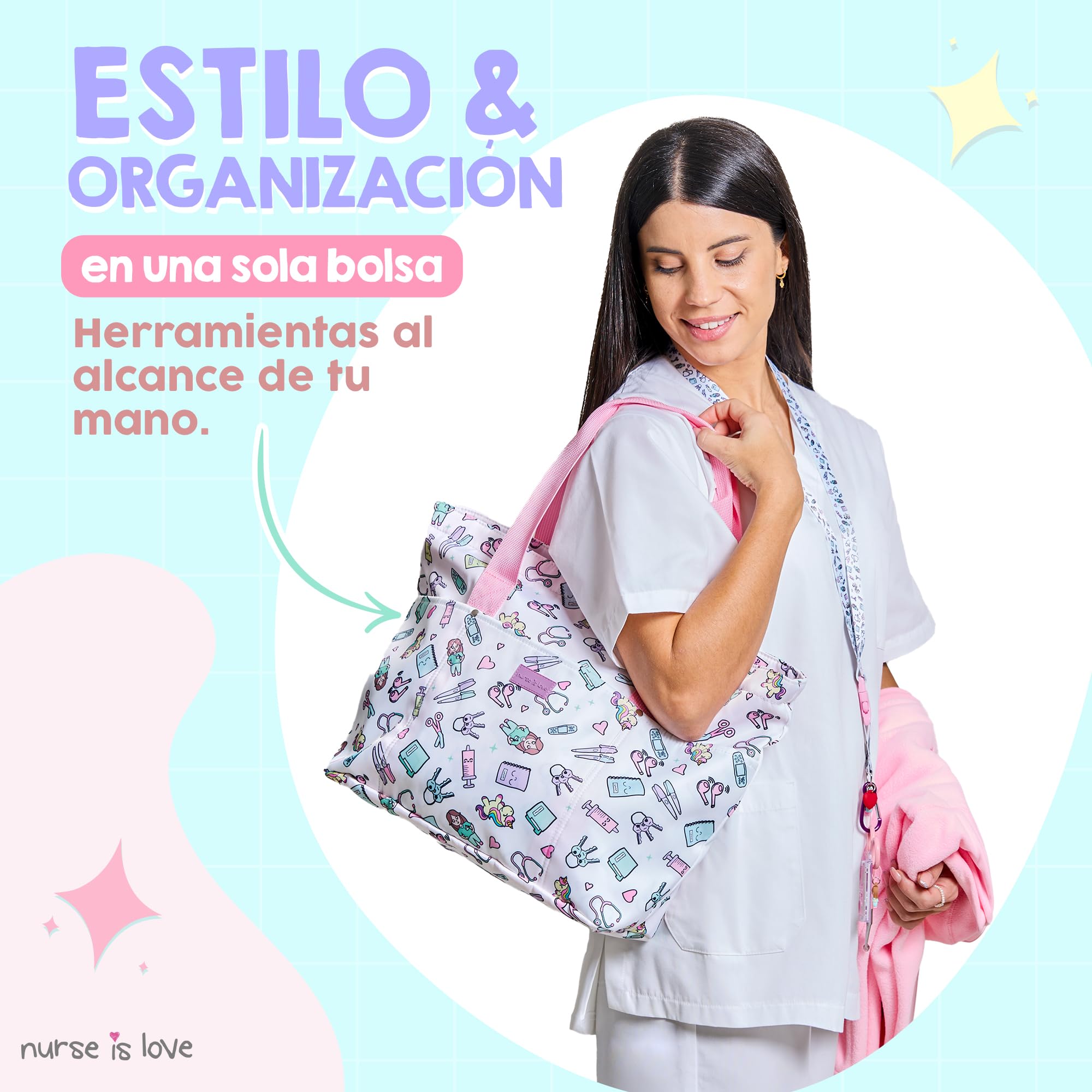 Nurse is Love Bolso Mujer Grande con Asas para Enfermera - Bolsos Tote Bag Multiples Bolsillos Para una | Organizador, Guarda Tijeras Enfermeria, Regalos, Tcae Accesorios