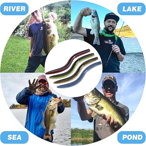 Miniatura 8 de PLUSINNO Wacky - Kit de señuelos de pesca de gusano, señuelos de pesca de plástico suave, anzuelo de cebos de grub, aparejo loco, trucha, lubina,