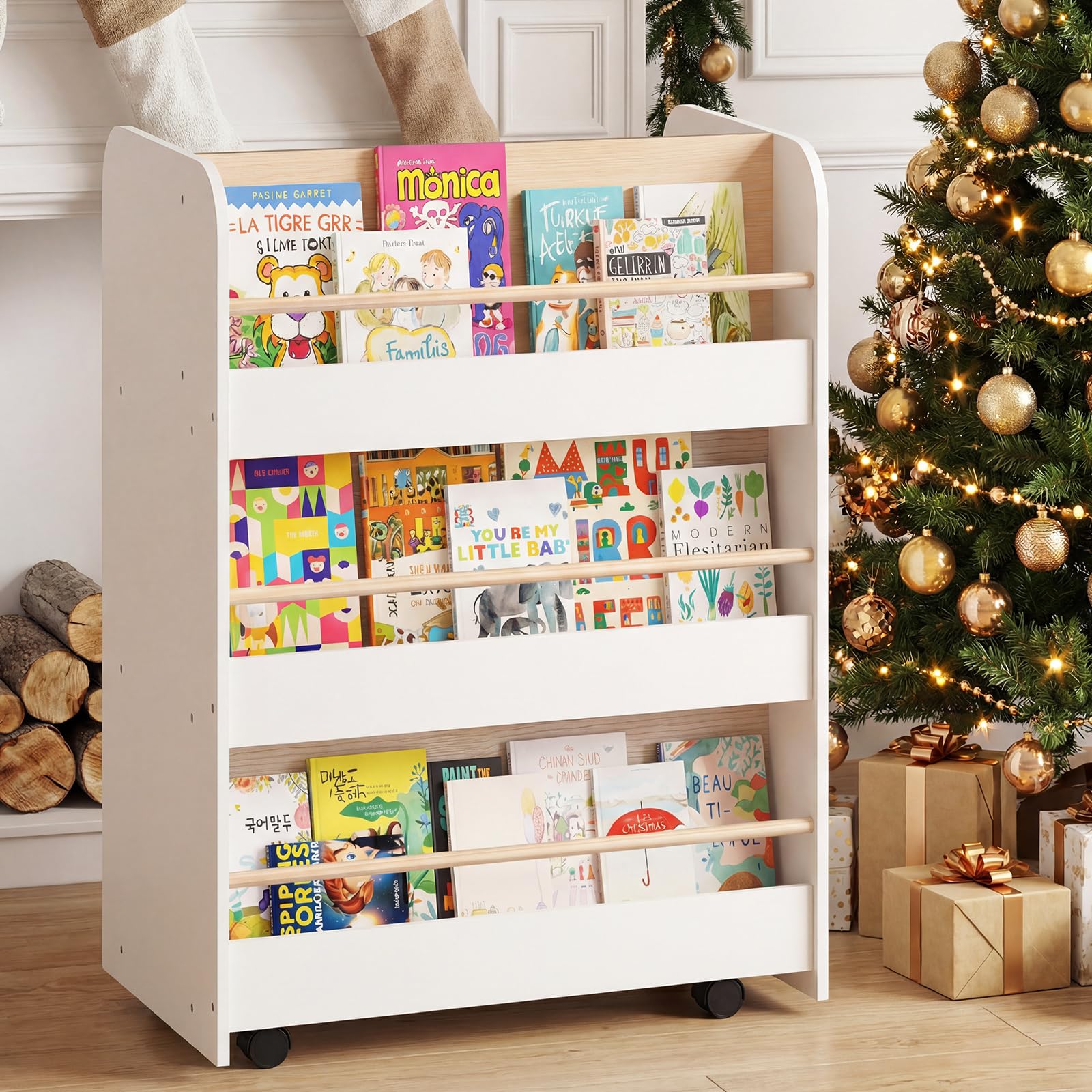 COSTWAY Bibliothèque Enfant Double Face avec 3 Étagères et 5 Casiers Ouvertes, Étagère à Livres Enfant avec 4 Roues, Kit Anti-basculement, Organiseur de Jouets pour Salle de Jeux Crèche
