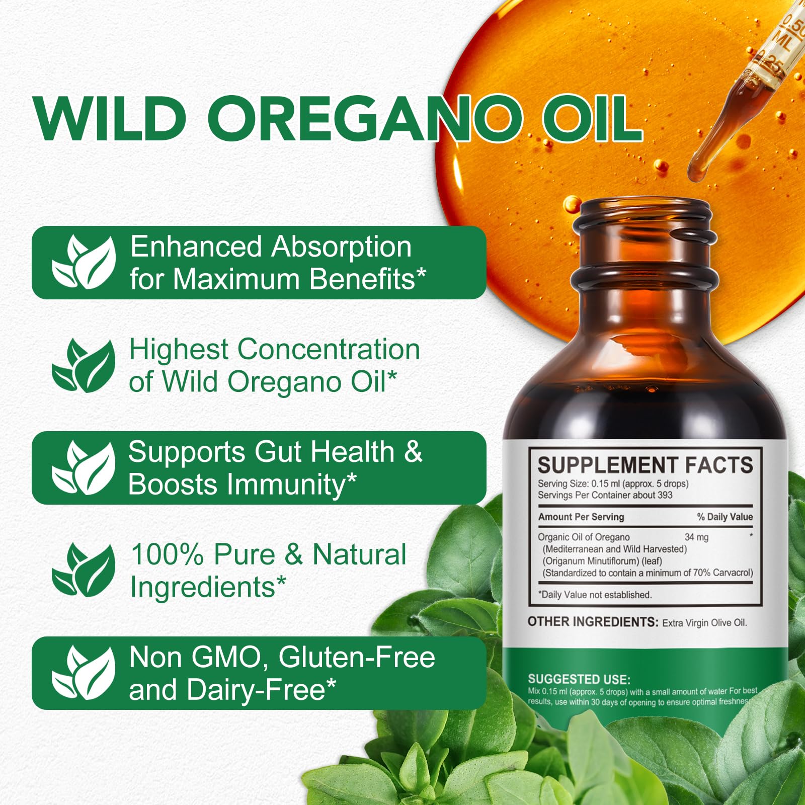 Olio di origano 60ml, Oregano oil olio di origano bio olio essenziale origano, aceite de oregano con olio d'oliva per supporto immunitario e salute dell'intestino, 100% Ingredienti Naturali, Non OGM