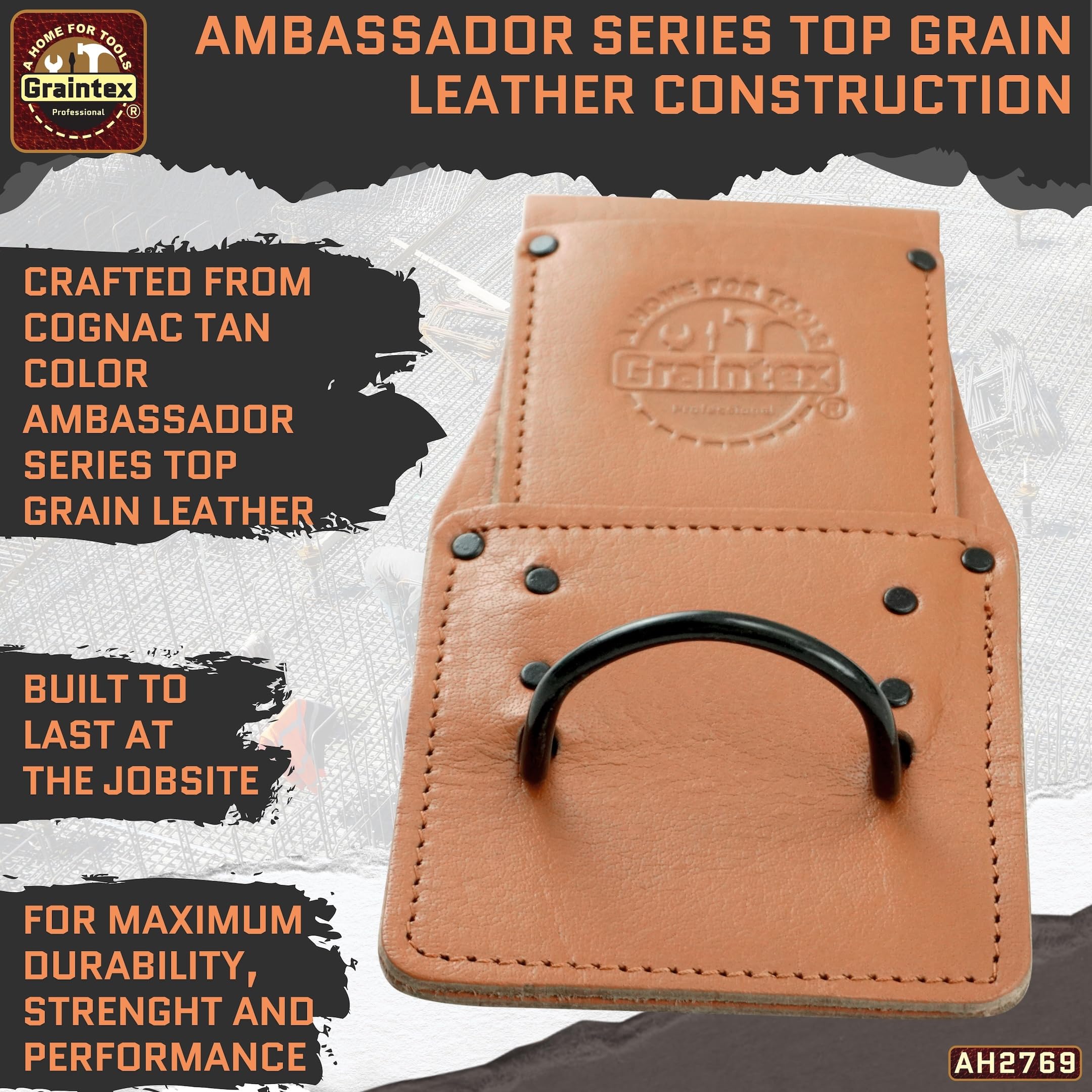 Graintex Hammer Holder Ambassador Series Color Top Grain Leather Hammer Loop, Leather Tool Holster, Construction Workers, Electricians, Framers, Drywall Contractors