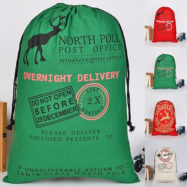 Pyromark Vintage Hessian Santa Sacks  Extra Large Drawstring Bags - 100% Natural Burlap Canvas Material - 70cm x 50cm (Green)