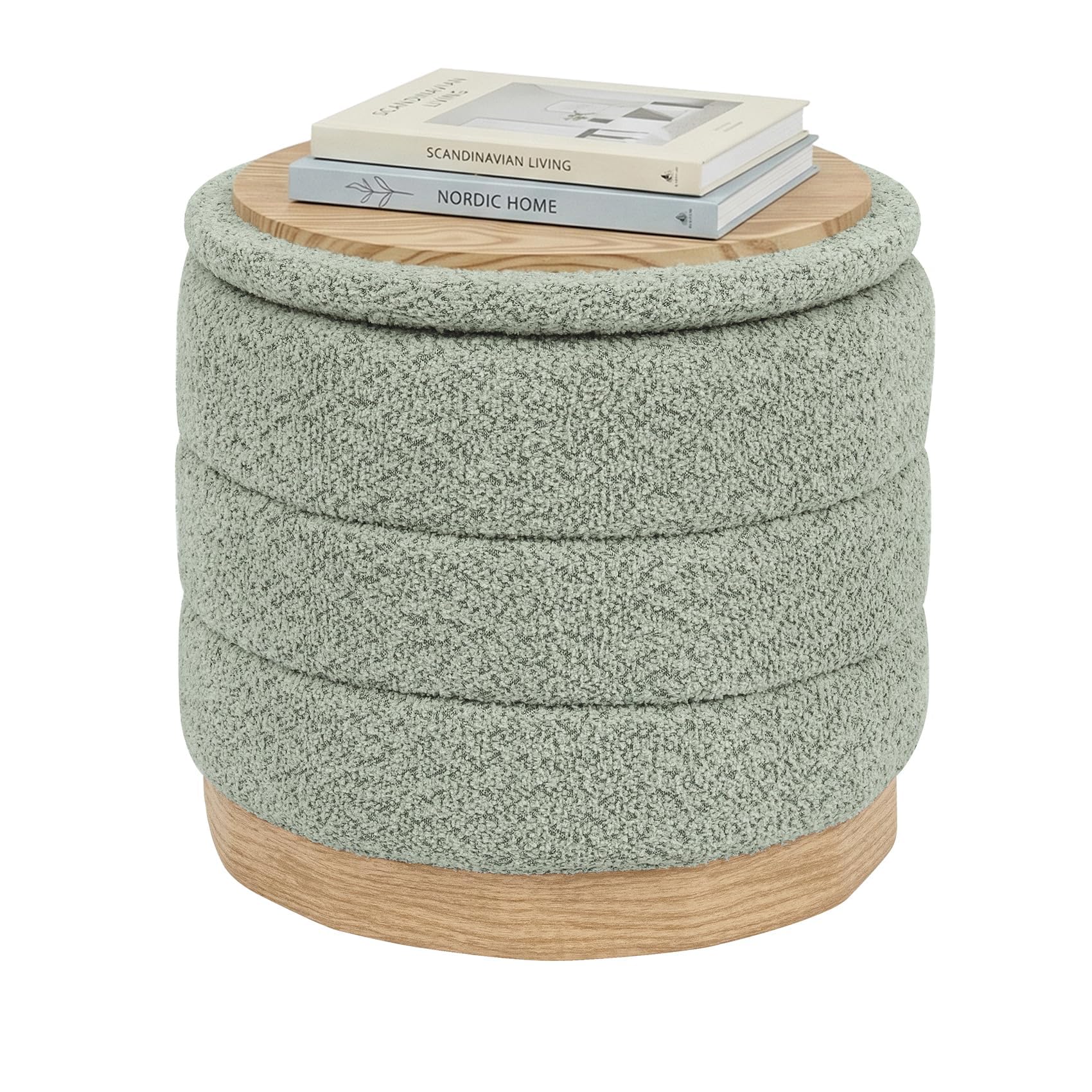 PINPLUS Round Chenille Storage Ottoman with Tray Top, Foldable Footstool & Coffee Table, Padded Seat Box for Living Room, Bedroom, Entryway, 39 x 39 x 37 cm, Sage Green
