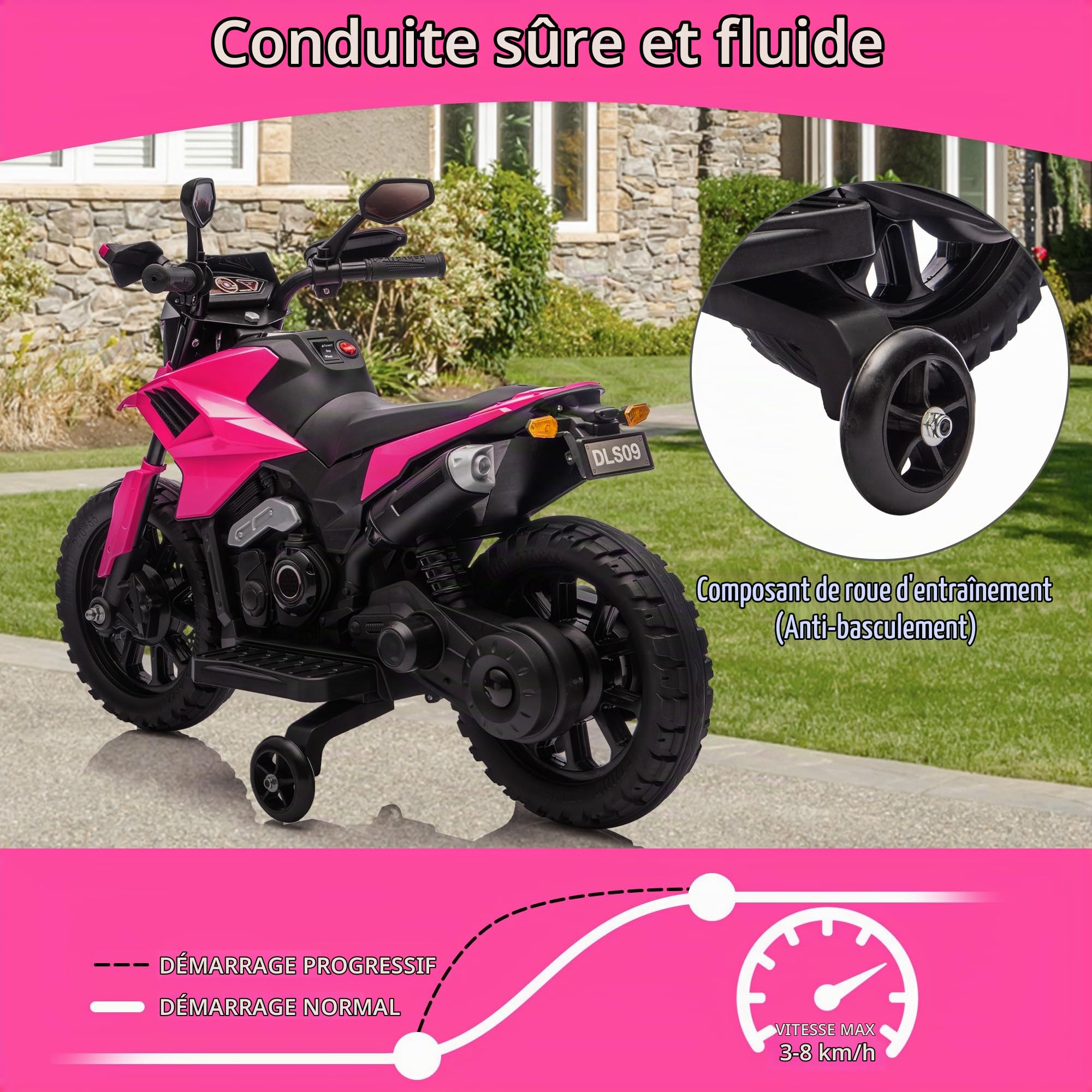 Moto Électrique Enfant 6V avec Roues Stabilisation, Moto Enfant Électrique avec 3 Vitesses Réglables, Véhicule Électrique Enfant Jusqu'à 6 Km/h, Batterie Rechargeable