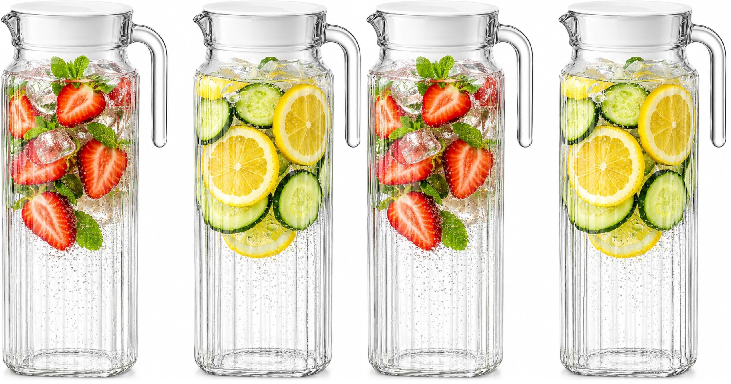 Jarra Cristal Nevera 1L de Vidrio con Tapa (Pack de 2) - Jarra Transparente con Diseño Acanalado y Asa para Estante del Frigorífico y Uso Diario con Boquilla con Ventilación (Paquete de 2)