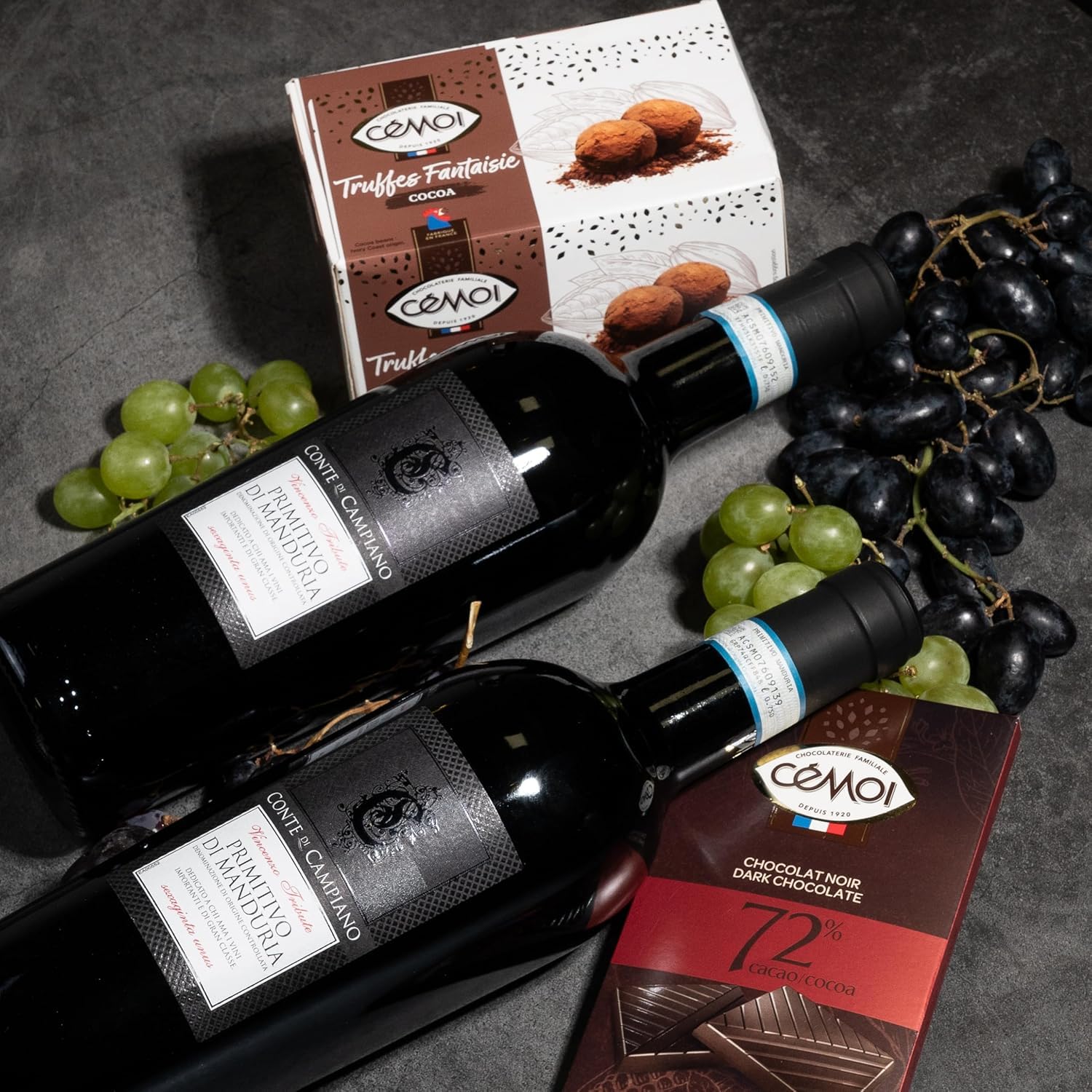 The Wine Guys Conte di Campiano "DOPPIO BENE" Präsentkorb mit Rotwein, Schokolade Trüffel und Zartbitterschokolade | 2 × 750 ml | 4 Stück (1er Pack) | Verpackung kann abweichen