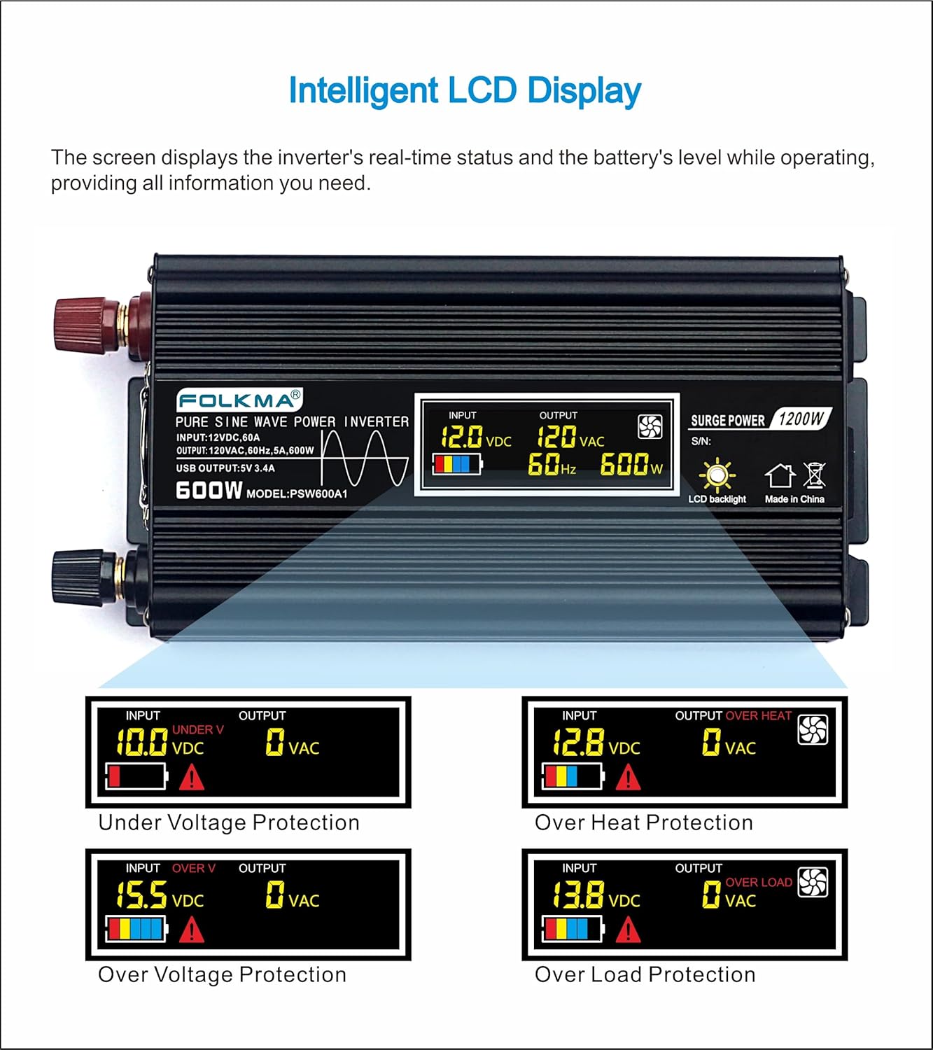 Folkma 600 watt Power Inverter with Intelligent Display