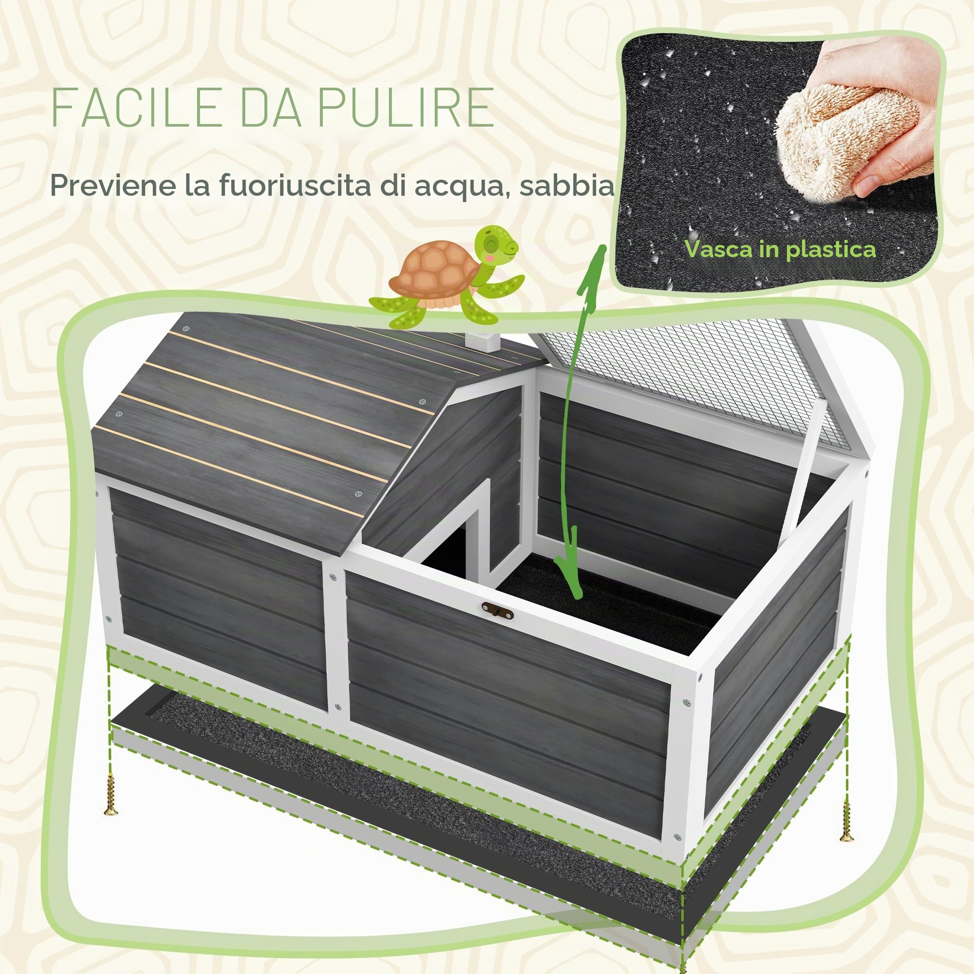 PawHut - Gabbia per Animali Piccoli, Tartaruga, con 2 Ruote, 86 x 54 x 43cm – Legno di Abete