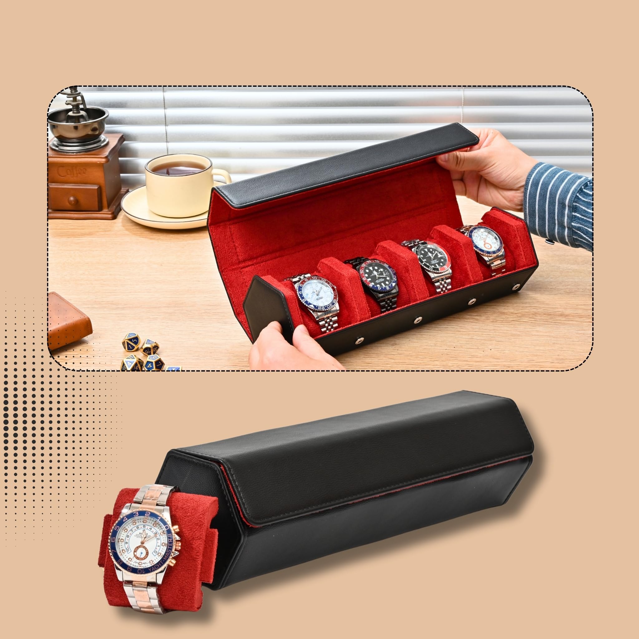 Rollo de reloj de cuero para 4 relojes, funda de viaje forrada de terciopelo, organizador de rollos de reloj de lujo con almacenamiento y exhibición para hombres (4 ranuras, negro/rojo)