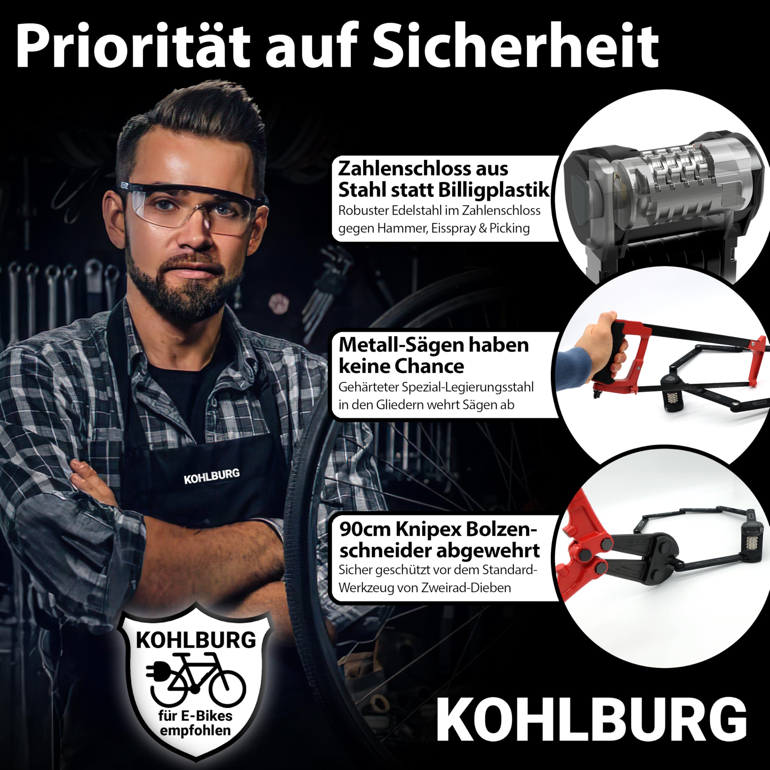 KOHLBURG 110cm Fahrrad Faltschloss Zahlen [Bolzenschneider-sicher] mit Zahlencode & Halterung – Fahrrad Zahlenschloss – Fahrradschloss Zahlenschloss hohe Sicherheit – Bike Lock & e Bike Schloss