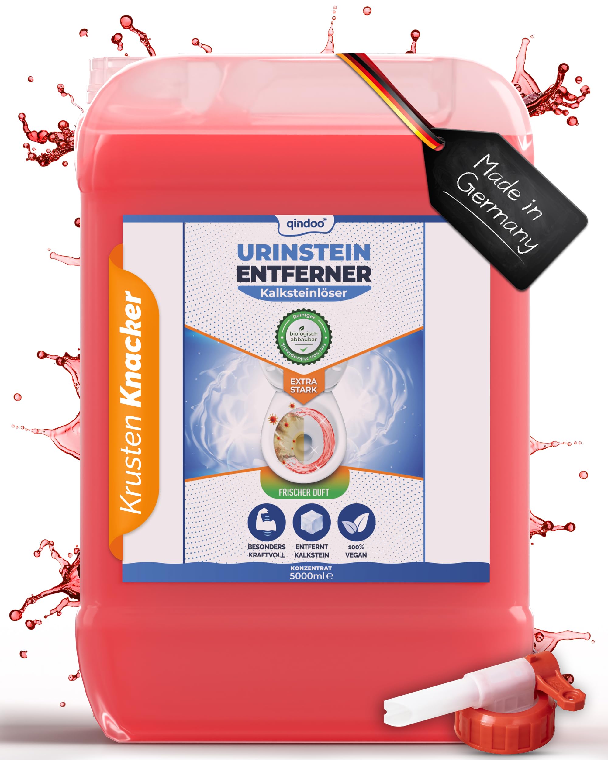 Urinsteinentferner Extra Stark, Profi Kalkentferner, Urinstein-Löser kraftvoller Krustenknacker für WC, Urinal und Bad (5 Liter + Hahn)
