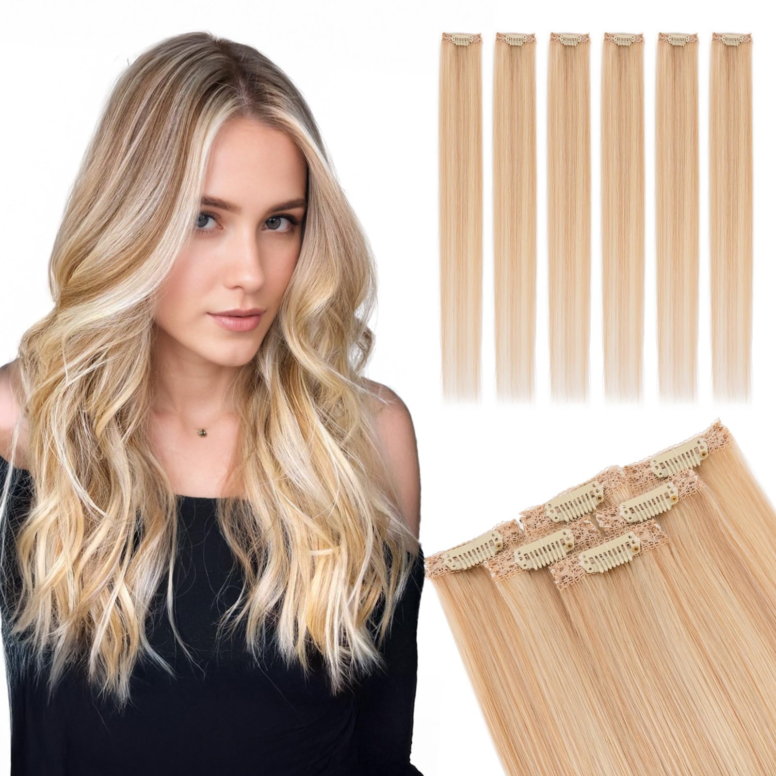 Elailite Real Hair Clip In Extensions Human Hair Double Weft 6 Pcs Seamless Highlights Hairpieces Straight Remy