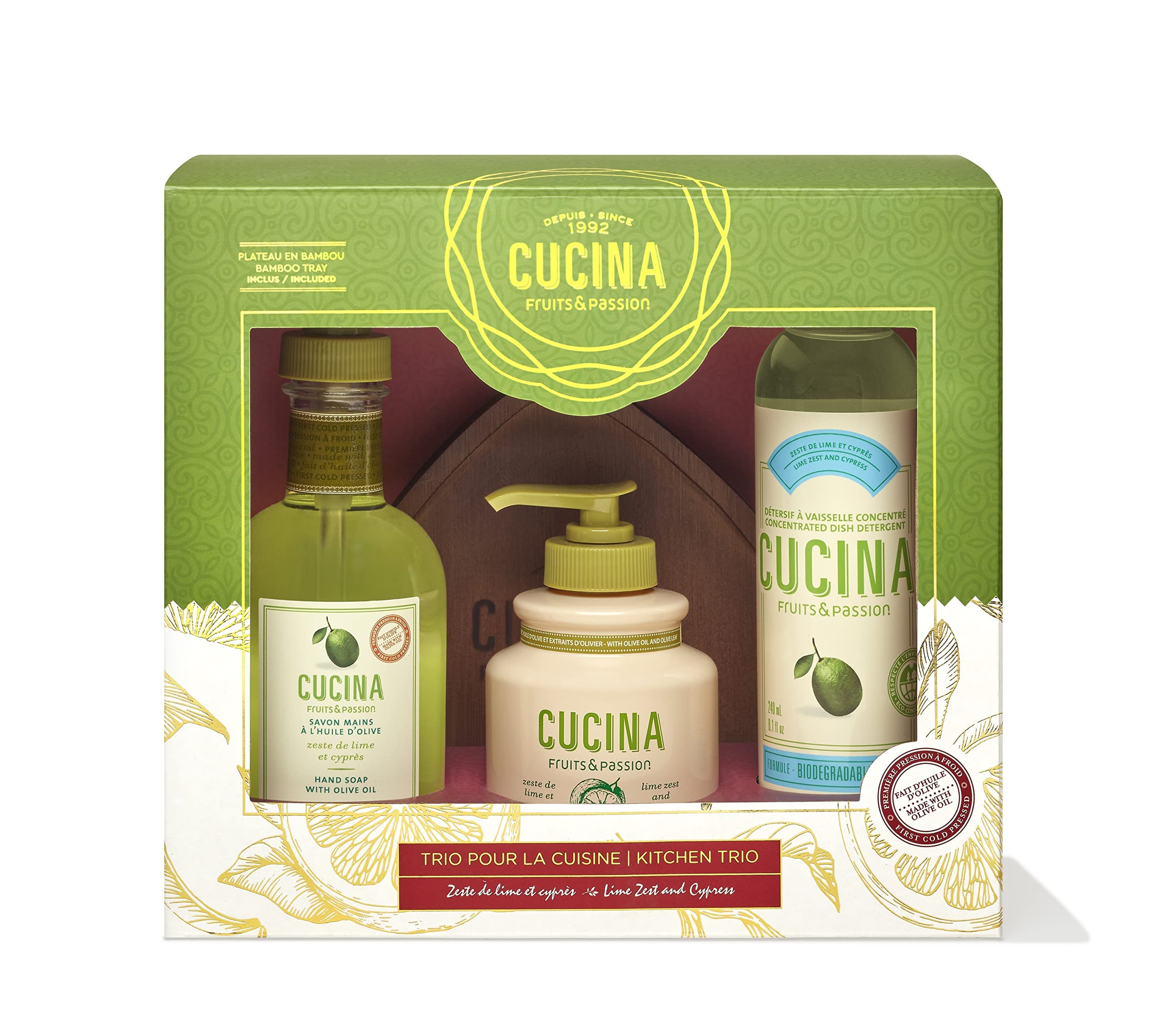 Fruits & Passion Kitchen Trio Holiday Gift Set (Hand Soap, Dish Detergent & Hand Cream) (Lime Zest & Cypress)