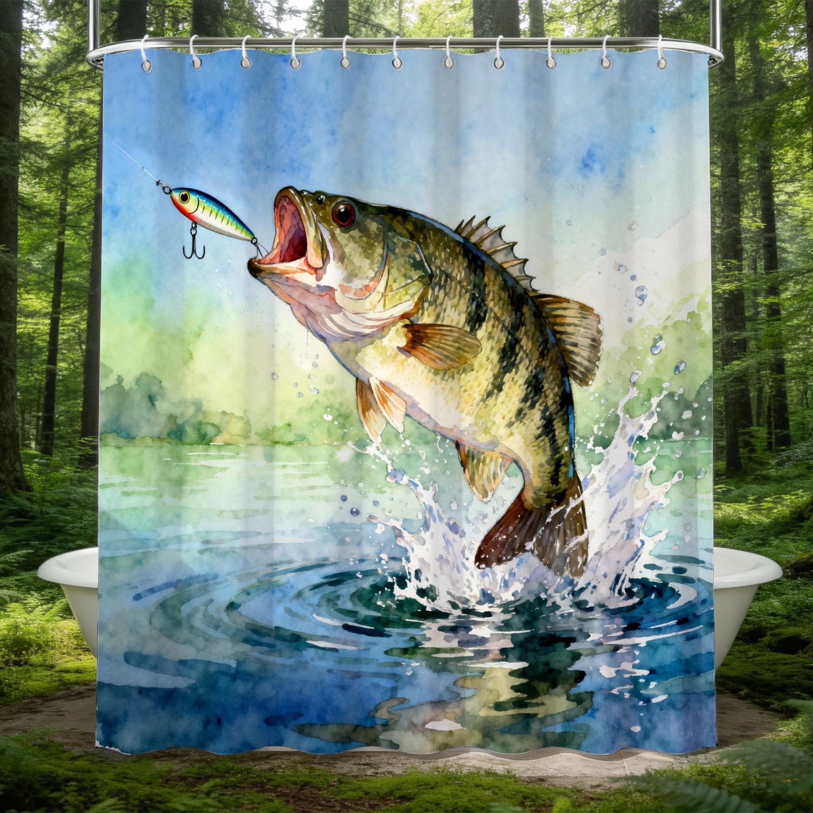 Hongduo 3D Sea Bass Shower Curtain for Stalls Bathtubs Fishing Theme Bathroom Decor Shower Curtain Set Polyester Fabric Waterproof 180x200cm/71X79 Inch with Hooks