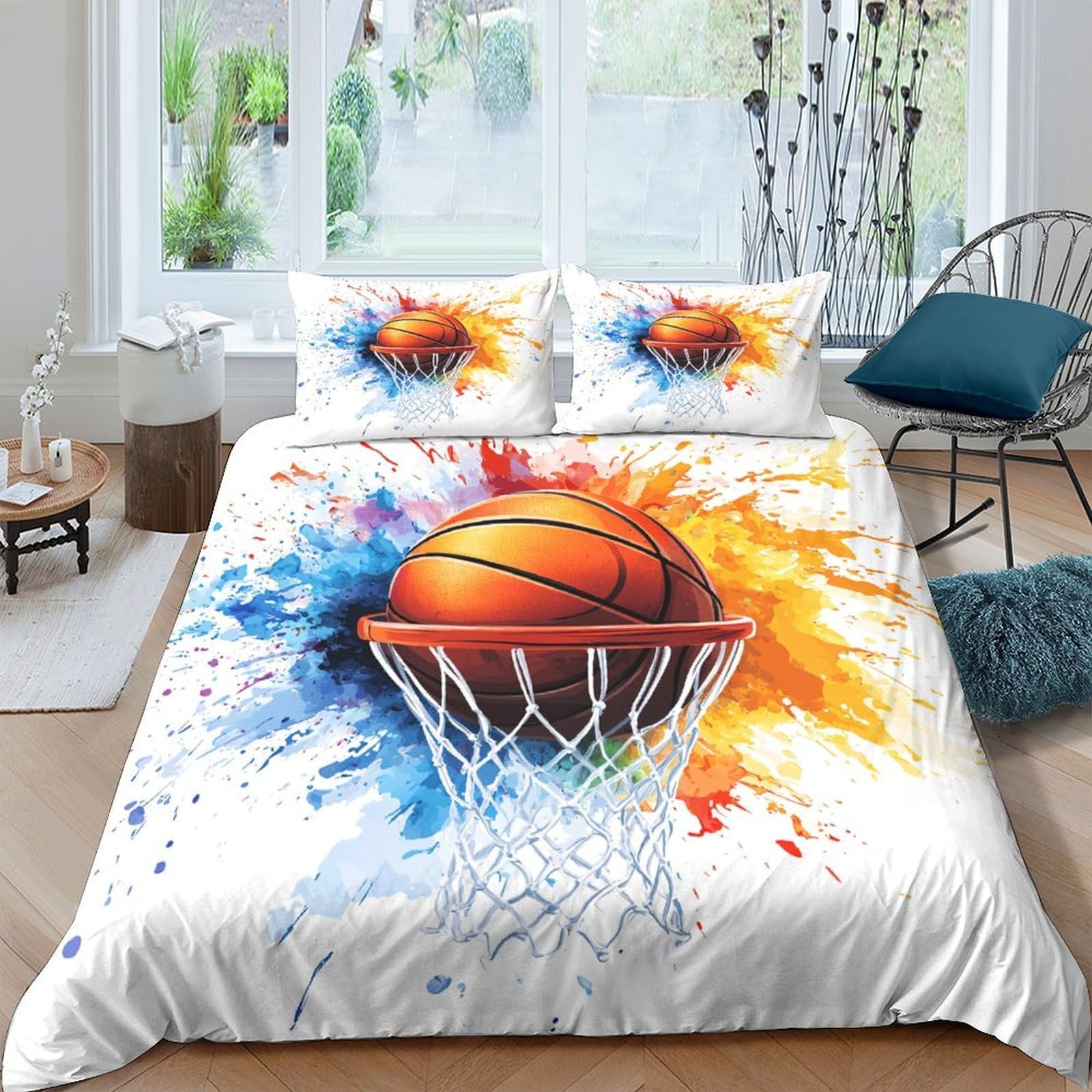 Ctjqhvkz Style-5 3D Printed Basketball Splash Fitted Sheet Microfiber Soft Orange Blue Hoop Bed Cover For Bedroom Dorm Mattress Decor Single（135X200cm）