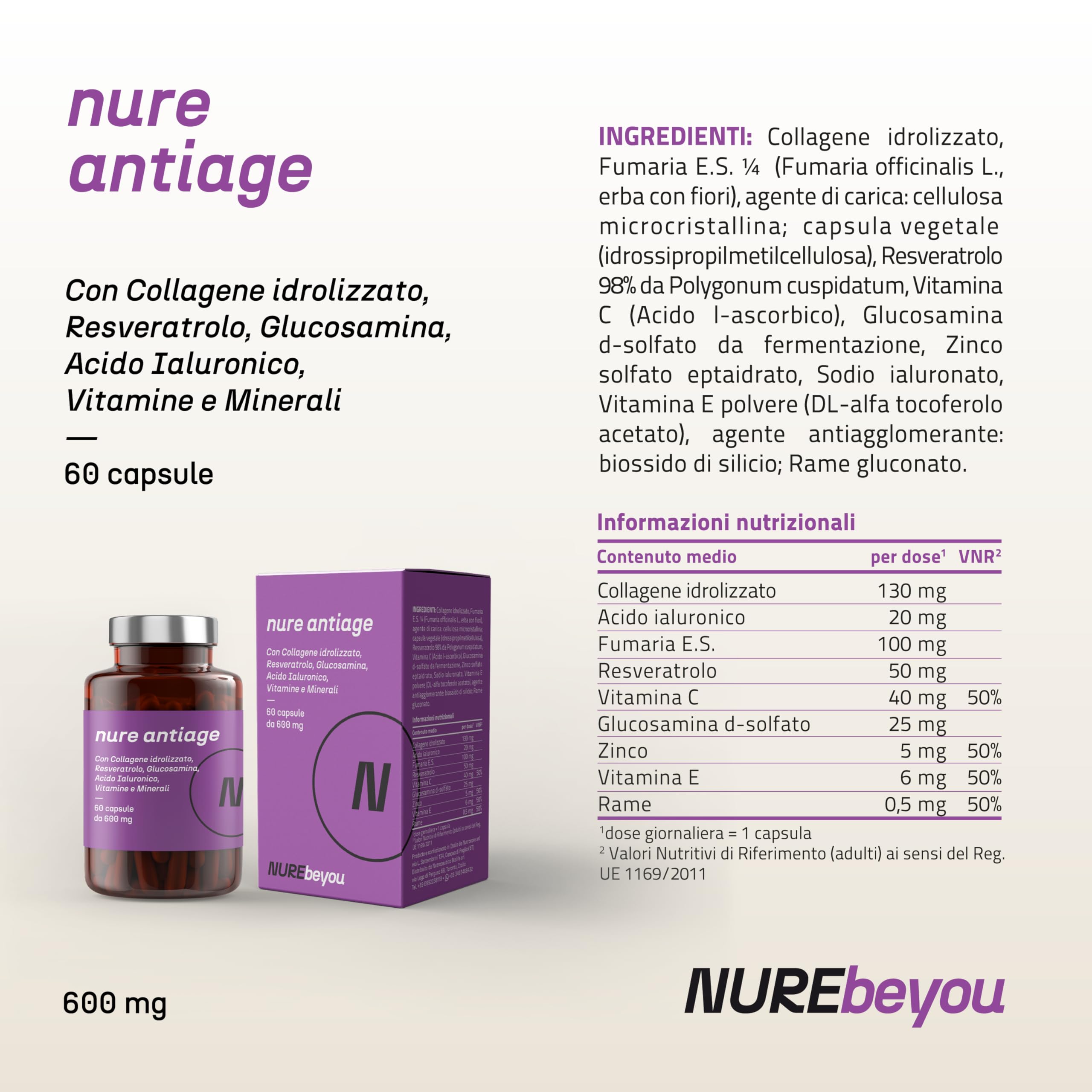 NURE Antiage 60cps | Integratore Anti-invecchiamento, integratore collagene, acido ialuronico viso, collagene idrolizzato | Acido ialuronico