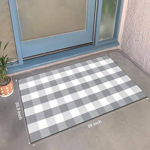 Miniatura 2 de LEEVAN Alfombra de algodón a cuadros de búfalo de 3 x 5 pulgadas, alfombra a cuadros color gris, lavable, tejida para exteriores, porche,