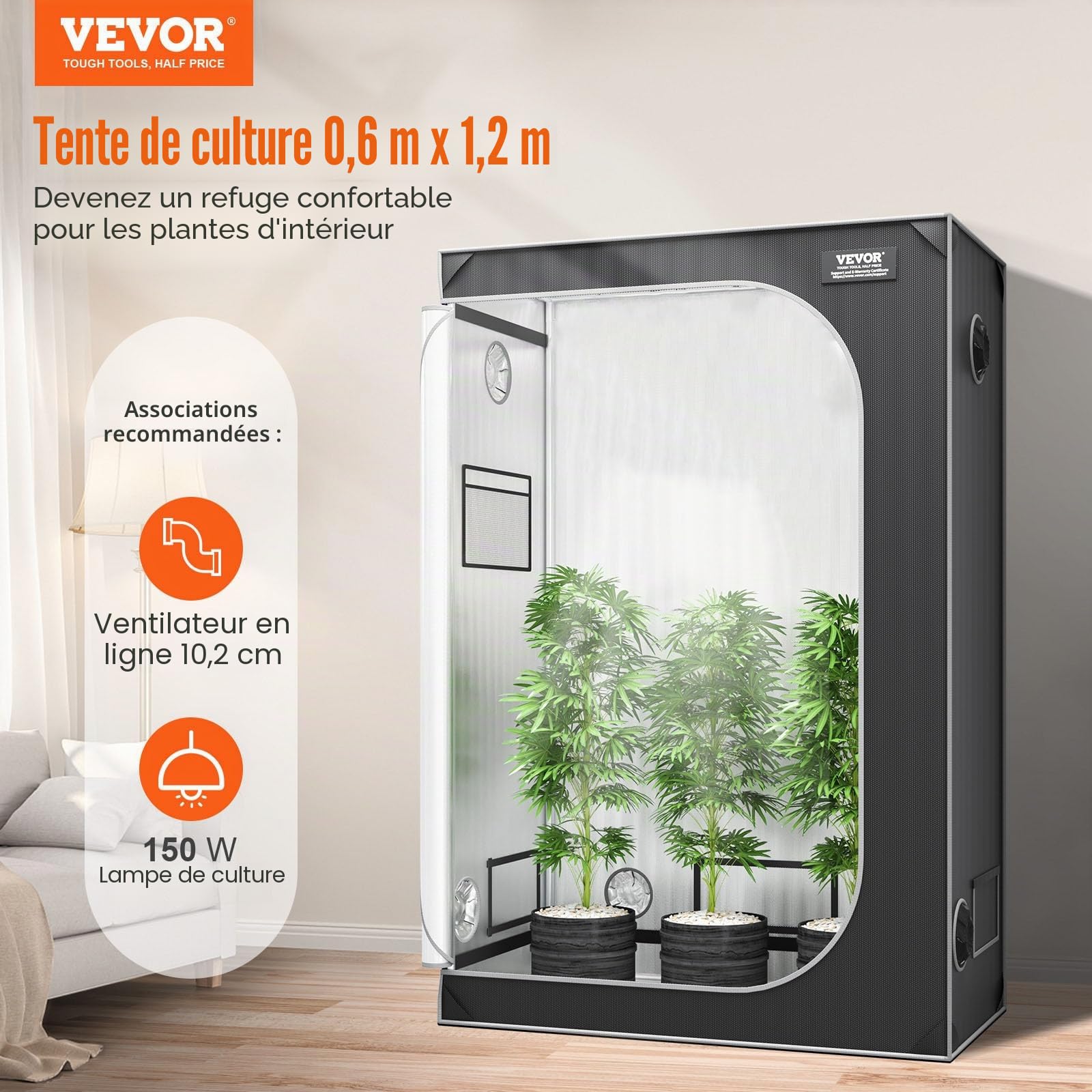 VEVOR 2x4 Grow Tent, 48'' x 24'' x 72'', High Reflective 2000D Mylar Hydroponic Growing Tent with Observation Window, Tool Bag and Floor Tray for Indoor Plants Growing