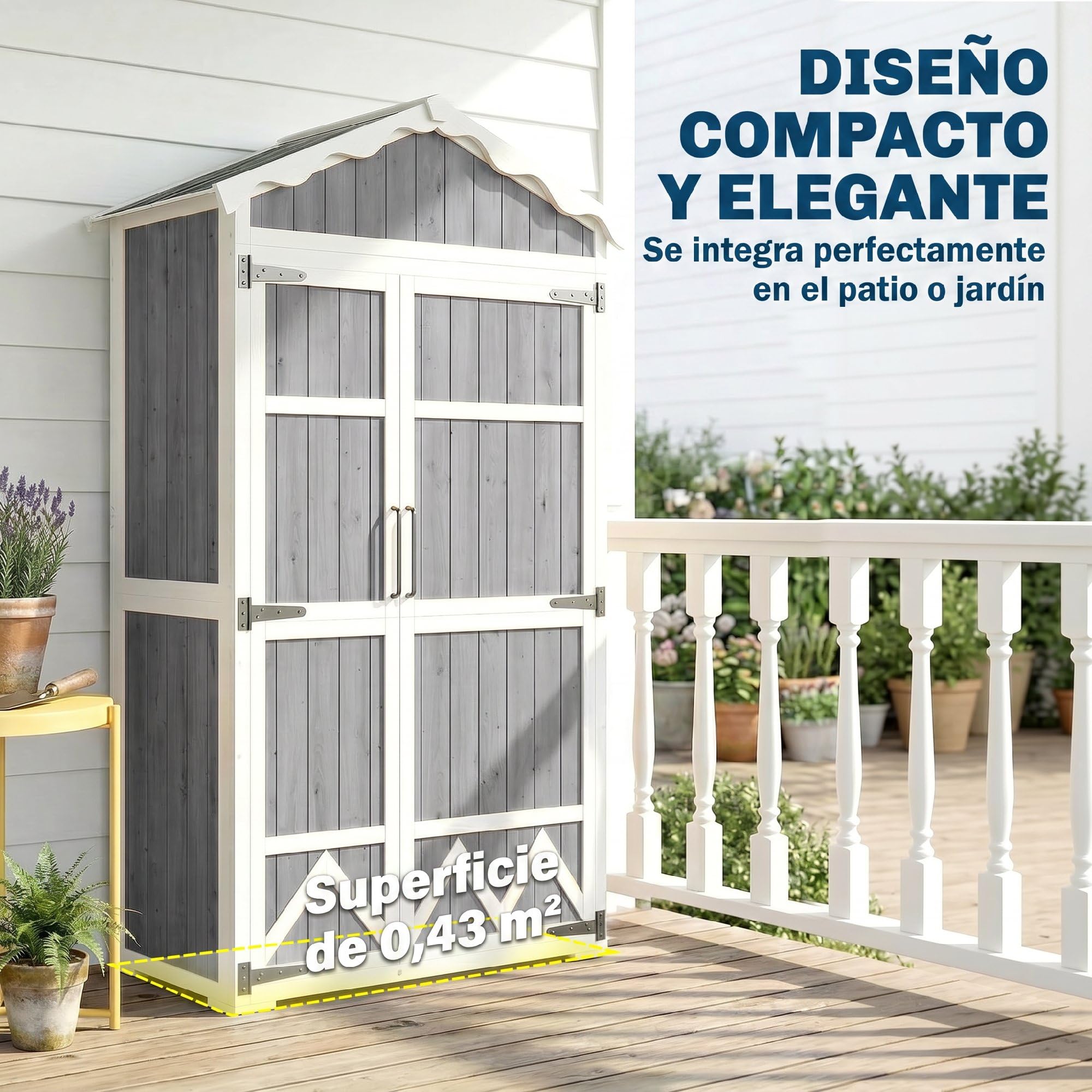 Outsunny Caseta de Jardín de Madera 105x55x179 cm Cobertizo Jardín Exterior Impermeable Armario Exterior Herramientas con Puertas 4 Estantes Extraíbles Techo Metal Galvanizado Pies Ajustables Gris