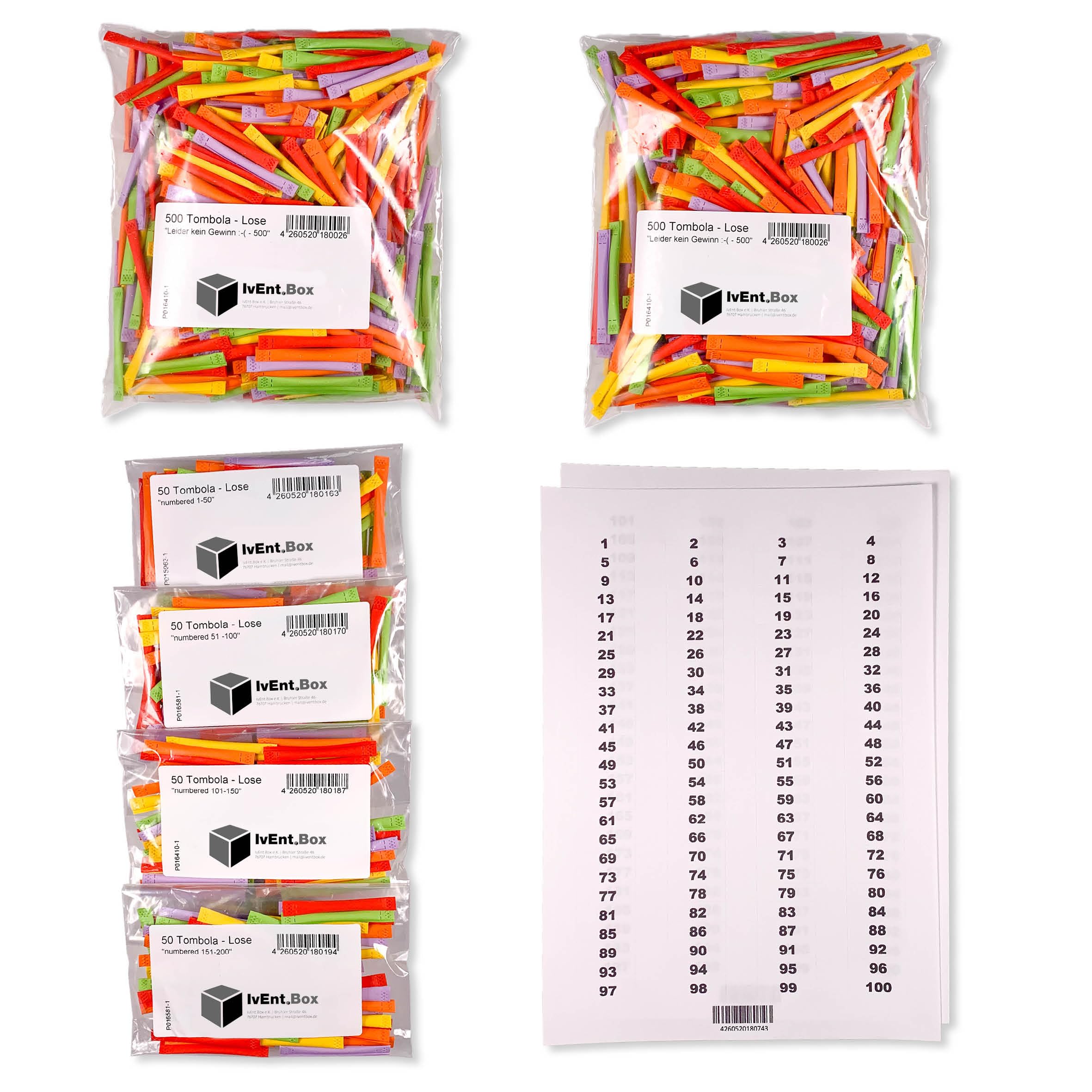Tombola Lose - Regenbogenlose SET | 1-200 Gewinne | 1000 Nieten | inkl. Aufklebenummern | bunt gemischt