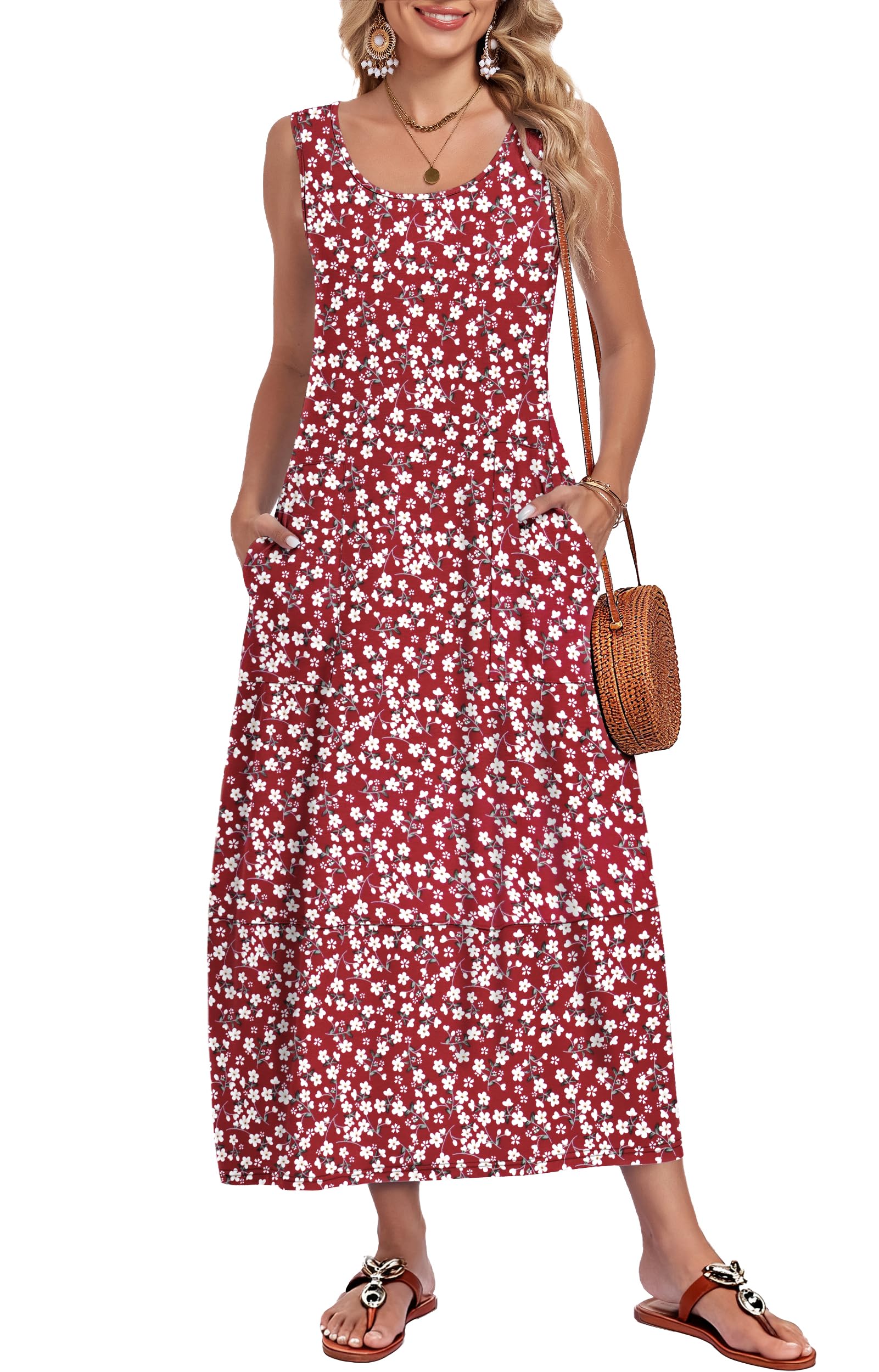 MOLERANI Robe Longue Femme sans Manches de Plage Robes Maxi à Col en U avec Poches Été Robe Hippie Boheme S-2XL