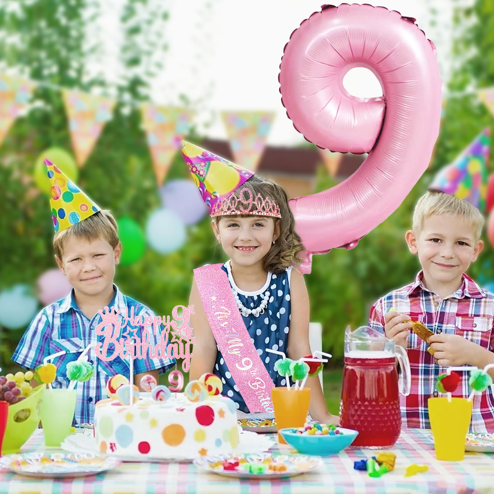9th Pink Birthday Decorations for Girls Set, 9th Birthday Sash, Sweet Rhinestone Crown Tiara, Cake Topper, Numeral 9 Candle&Balloon,9 Year Old Gifts for Girl Party Favor Supplies