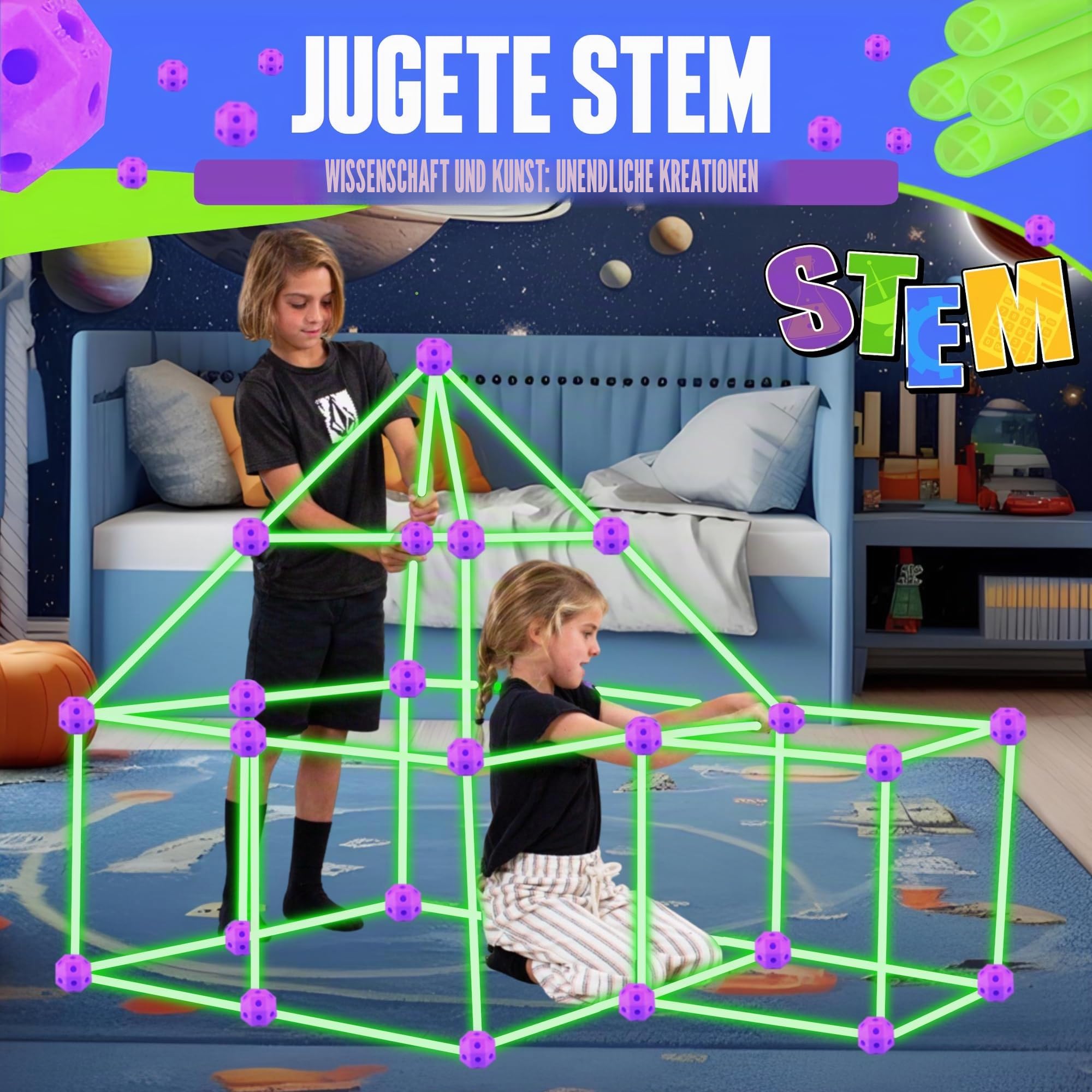 100-teiliges Bauset, leuchtet im Dunkeln, starke Kinder von 3 bis 13 Jahren, kreative Tunnelburgen, Spiel- und Campingzelt für drinnen und draußen, Bastelkraft