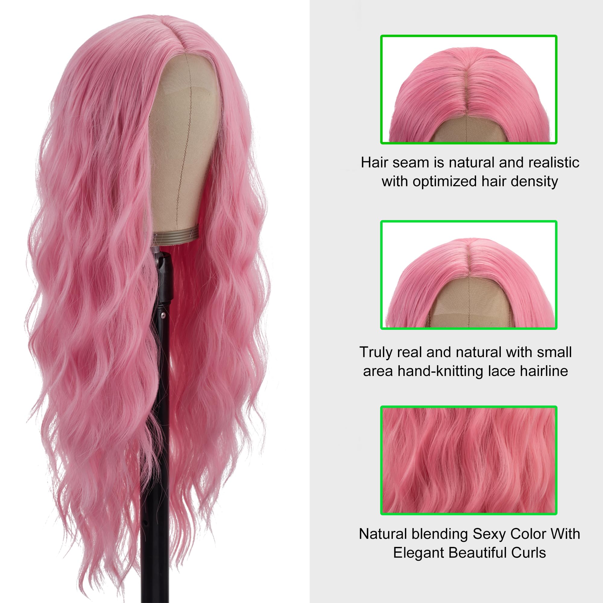 PORSMEER Long Pink Wavy Wig for Women 26 Inch Middle Part Curly Natural Looking Synthetic Heat Resistant Fiber for Daily Party Use - Image 2