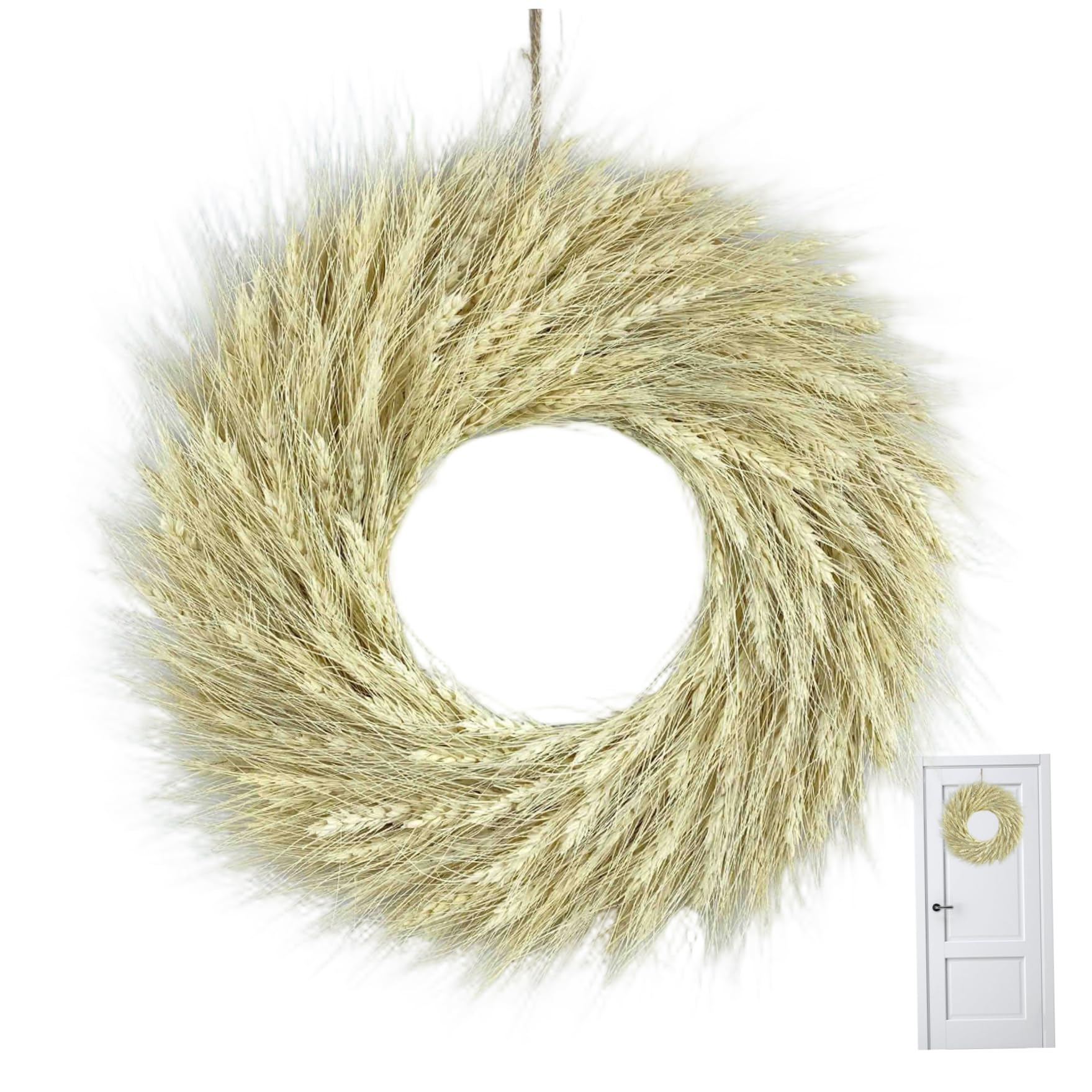 CAKEEYUM Pampas Grass Wreath Artificial Dried Wheat Door Wreath 15.7" Harvest Fall Decor for Farmhouse Indoor Outdoor Window Wall Wheat, Pampas, Fall, Dried Flower, Gra