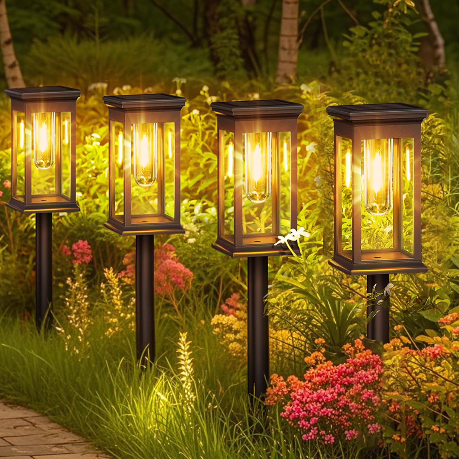 Hqynss Solarlampen für Außen Garten, 4 Stück Moderne Solarleuchten mit Längere Arbeitzeit, IP65 Wassserdicht, warmweiße Wolfram LED, Auto Ein/Aus, für Garten, Terrasse, Pfad, Rasen