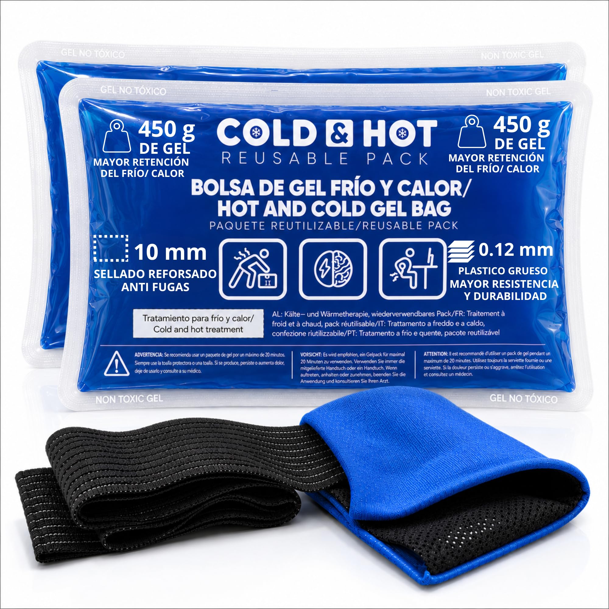 Pack de 2 Bolsas de Gel Frío o Calor Reutilizables (26 x 15 cm) - Incluye 1 Funda Multiposición de Tela con banda de compresión - Aptas para Nevera y Microondas - Ideales para Terapias