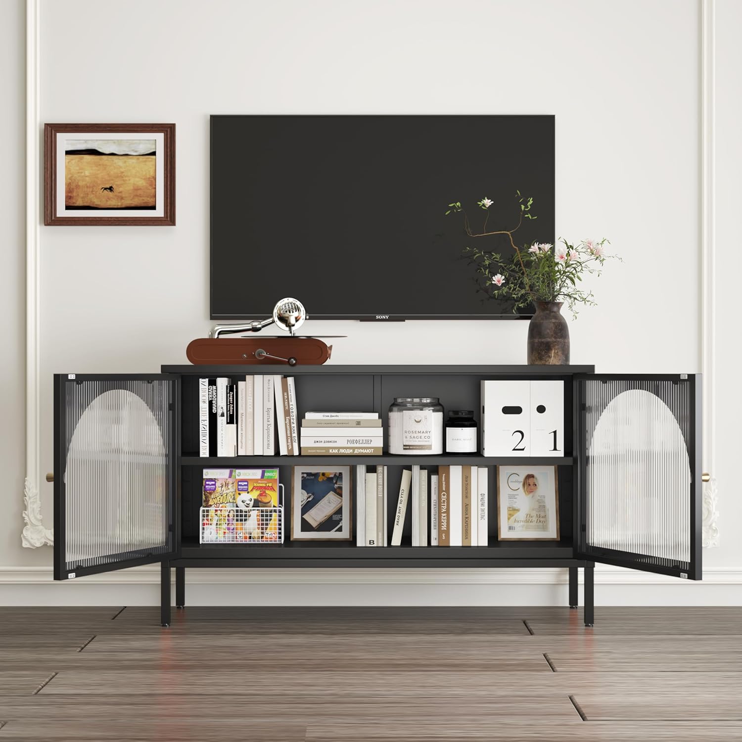 Metal Locker TV Stand, Accent Storage Cabinet with 2 Acrylic Doors, Low Hallway Cabinet with Adjustable Shelf, Sideboard for Home,Office,Entryway,Dining/Living Room,Bedroom,Black