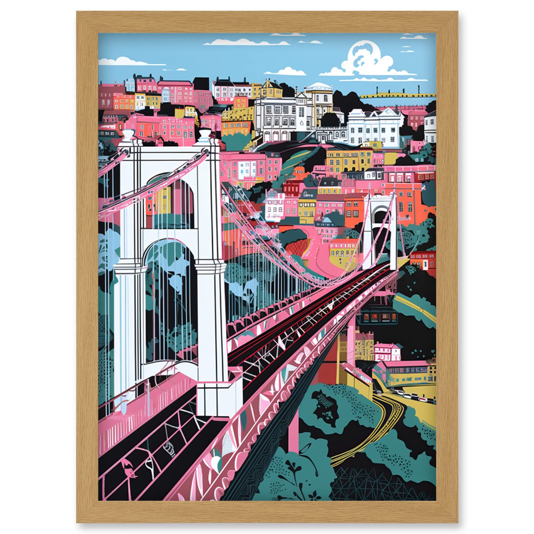 Clifton Suspension Bridge Pink Teal Cityscape Artwork Print - Framed Wall Art - A4 Size - Artery8