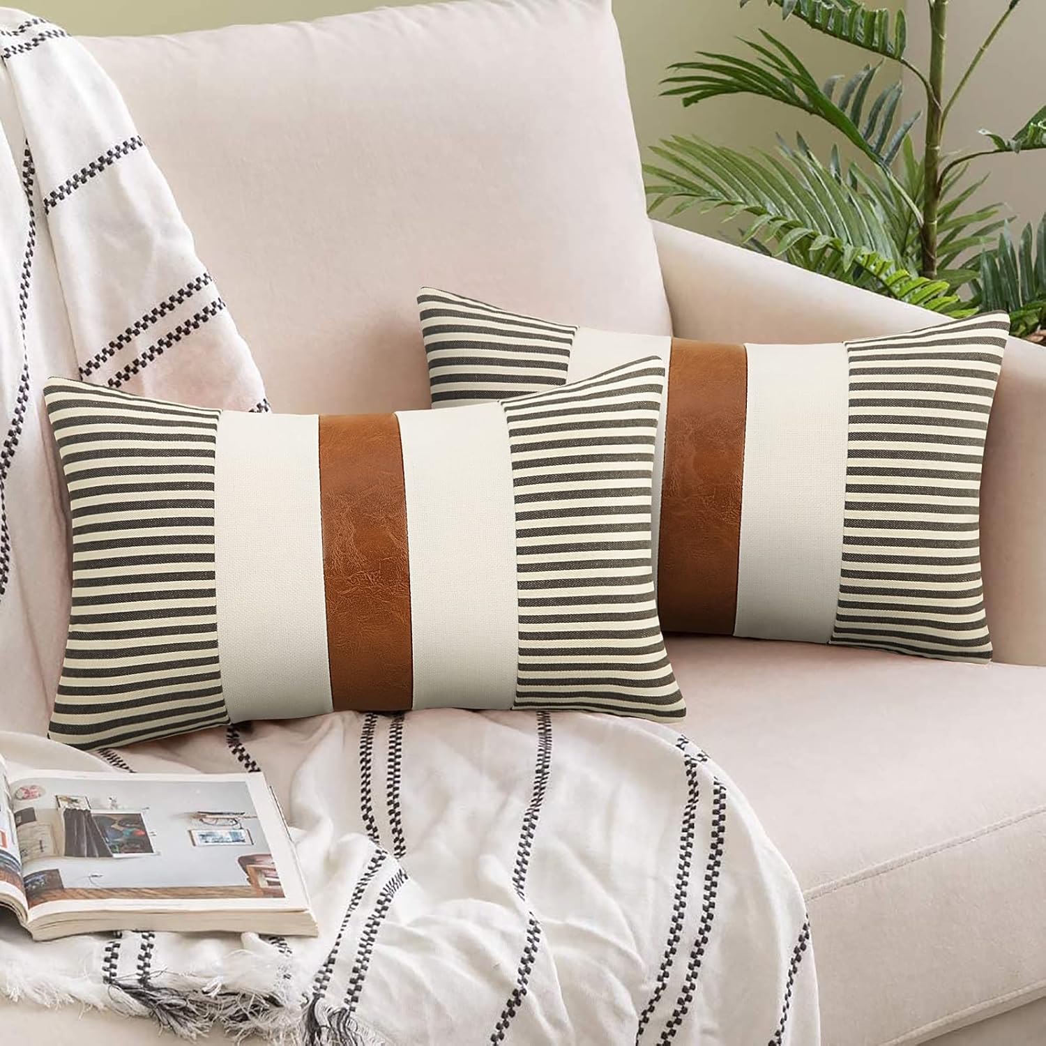 JASEN Farmhouse Throw Pillow Covers 12x20 inch, Set of 2 Brown Faux Leather Throw Pillows Modern Decorative Pillow Covers for Sofa Bedroom Living Room