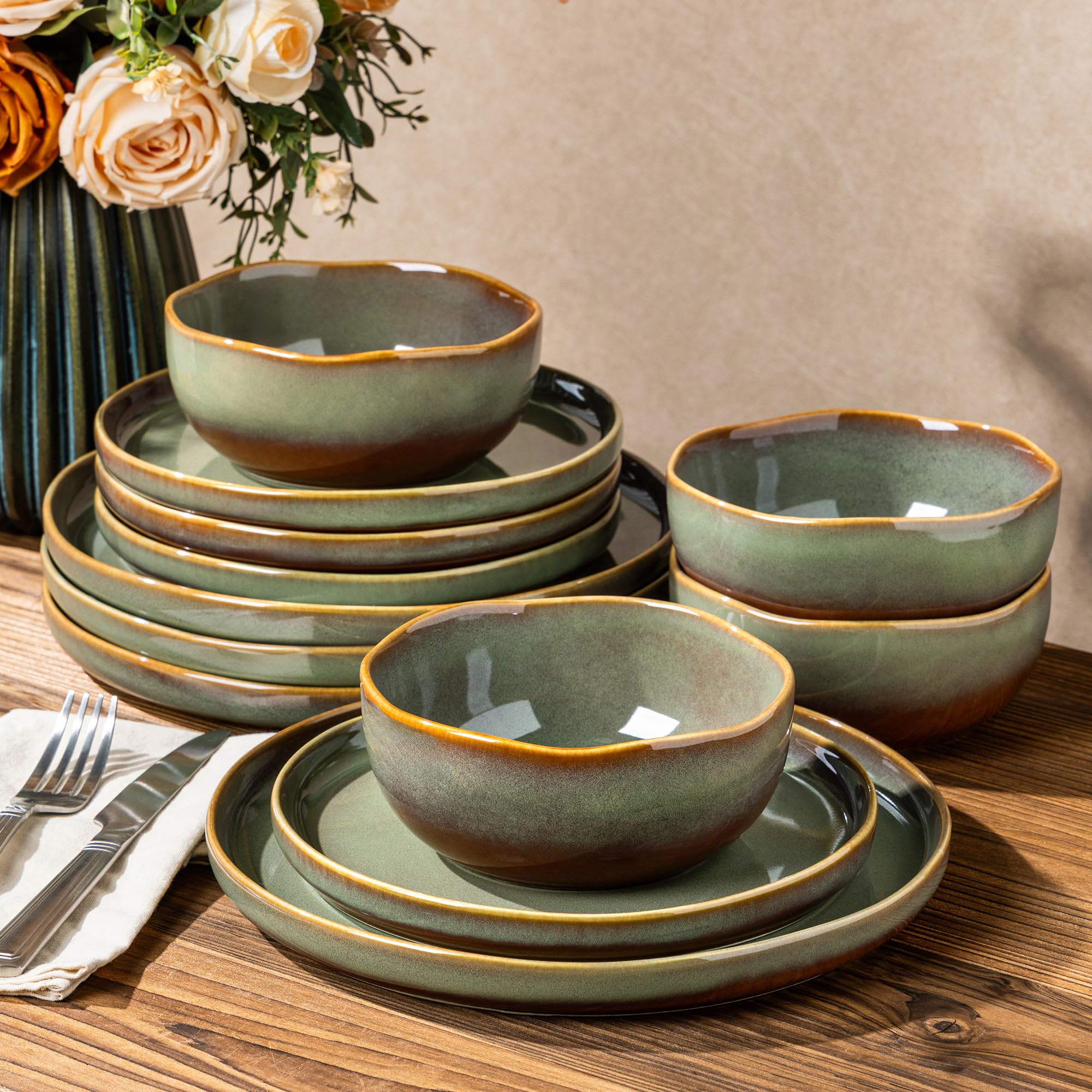 Ceramic Dinnerware Set for 4, 12-Piece Plates and Bowls Set | Handmade Reactive Glaze Dish Set, Scratch Resistant, Oven &amp; Microwave &amp; Dishwasher Safe, Brown Green