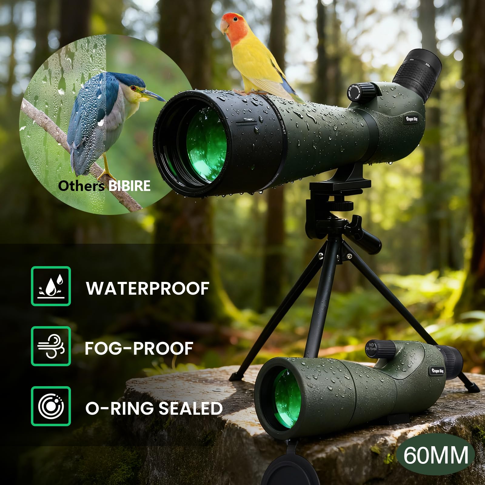 BIBIRE Spektiv 25-75x60 HD mit Stativ, Smartphone-Adapter und Tragetasche für Vogelbeobachtung