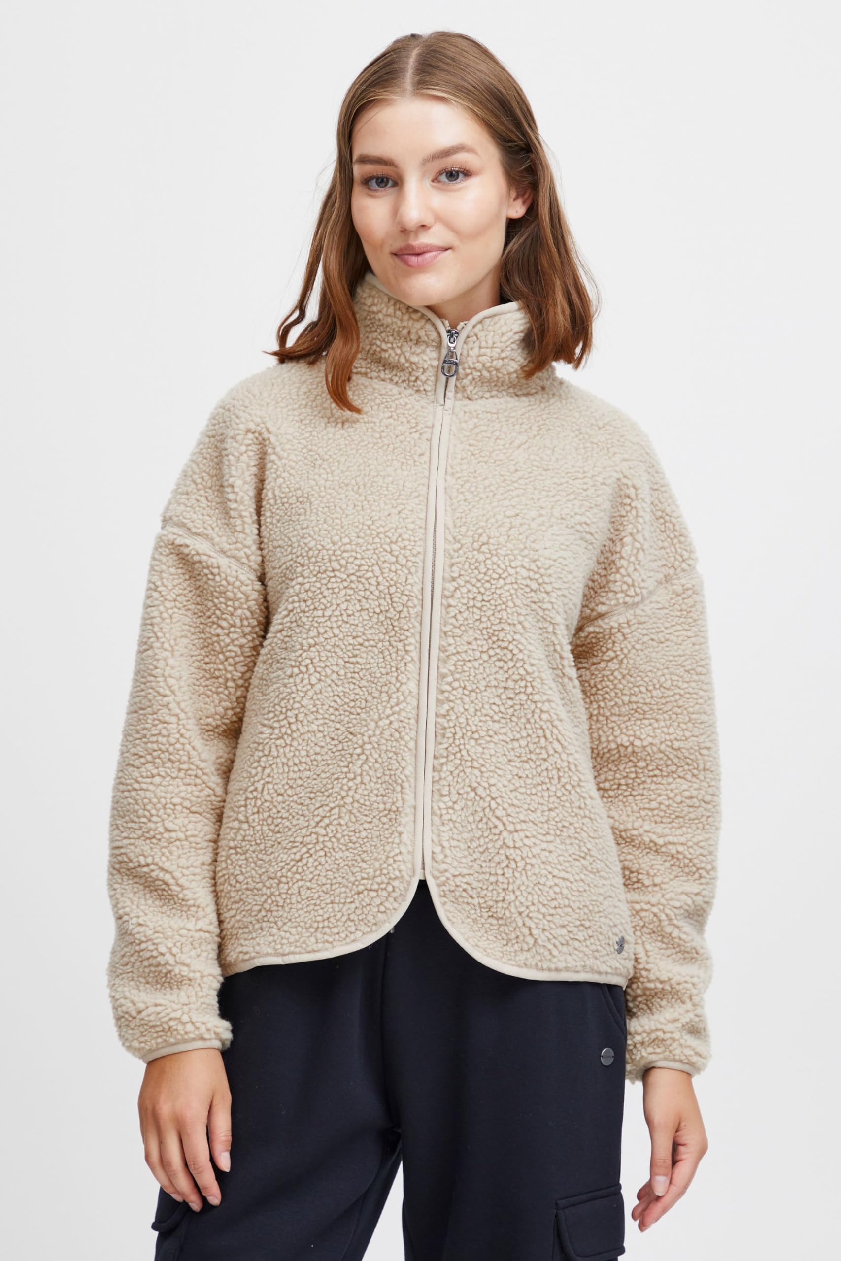 OXMO OXTonje Damen Sweatjacke Jacke mit Teddyfutter mit Stehkragen Reißverschluss Eingrifftaschen Loose fit