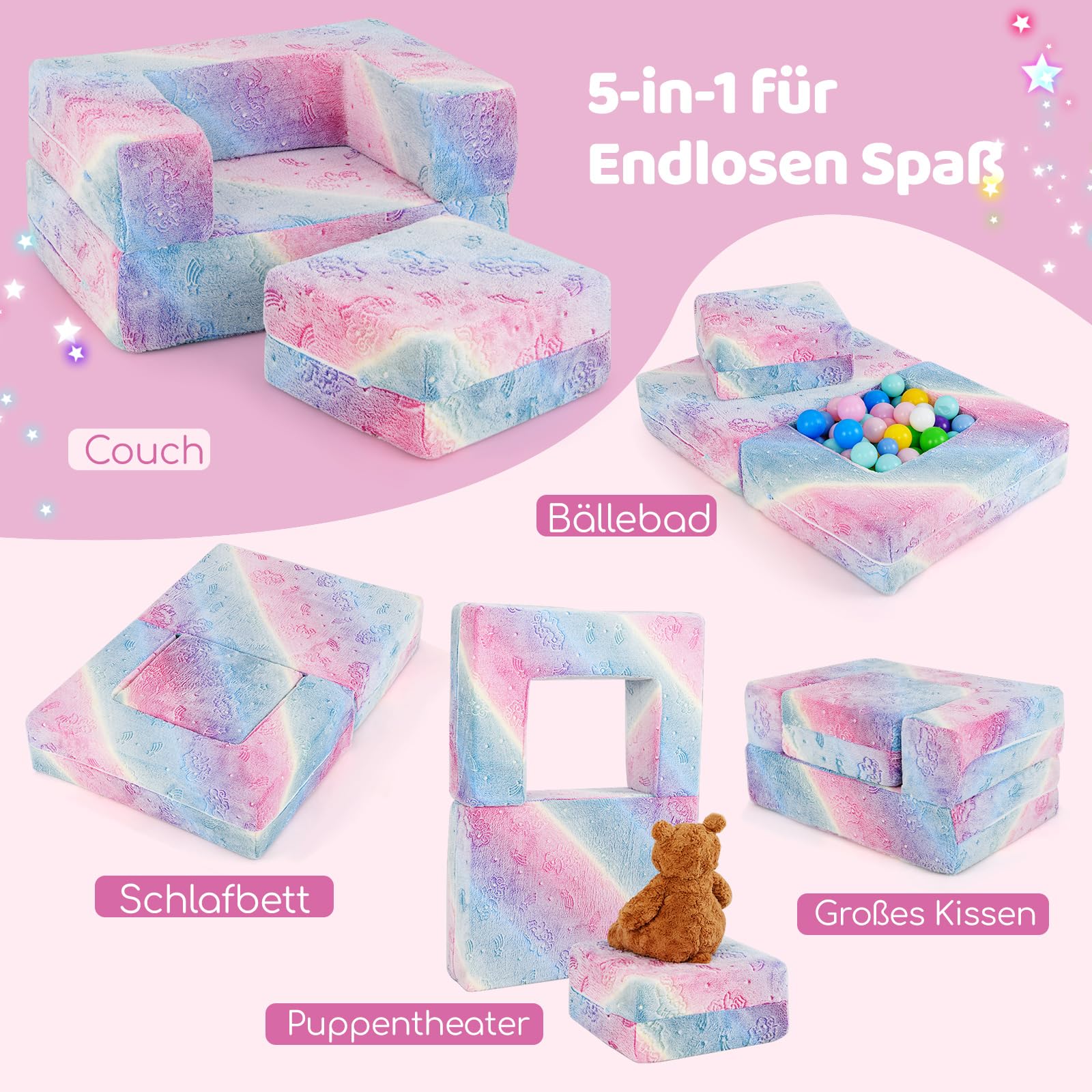 COSTWAY Modułowa sofa dla dzieci świecąca w ciemności, sofa modułowa ze zdejmowanym i nadającym się do prania w pralce flanelowym pokrowcem, sofa dla malucha do pokoju zabaw i pokoju dziecięcego