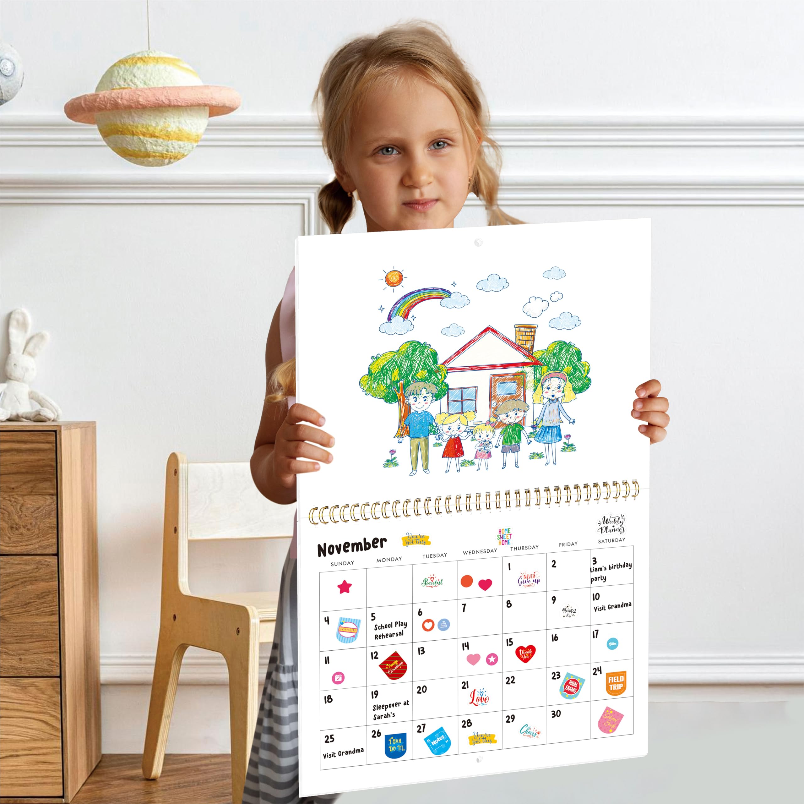 Blank Scrapbook Wall Calendar, Spiral-Bound Hanging Monthly Calendar, DIY Blank Calender with 400 Stickers for Office, Home, Kids, Adults (12" x 9" closed,18" x 12" open size) - Image 6