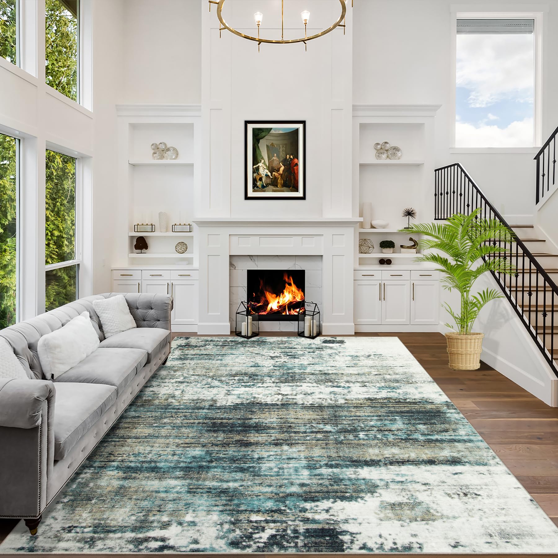 4x6 Area Rugs Washable Rug: Modern Abstract Living Room Rug Soft Anti-Skid Thin Carpet Indoor Floor Non-Shedding Carpets for Bedroom Dining Room
