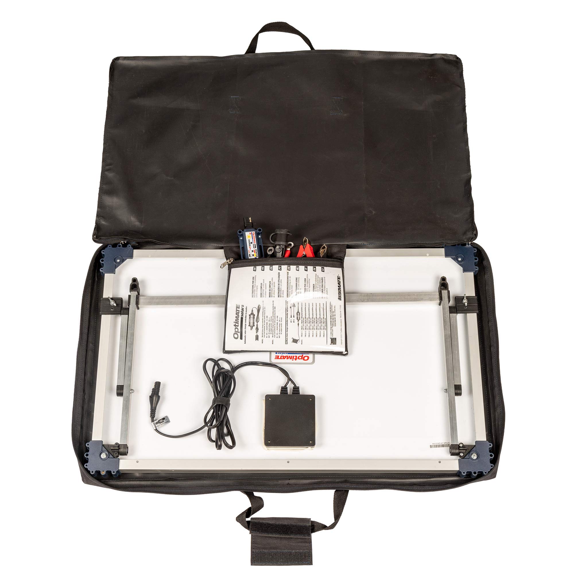 Kit Solaire Portable OptiMate Solar Duo 40W 12V – Chargeur Solaire Intelligent 6 étapes 3,3A avec régulateur, Support réglable & Sac – AGM, Gel, STD et LiFePO4