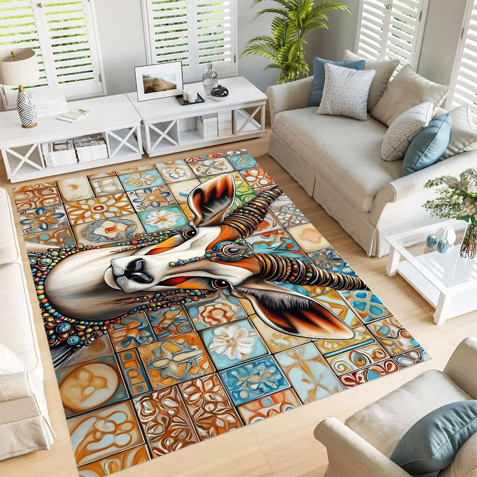 Tapis salon motif carrelage marocain 150x210cm beige