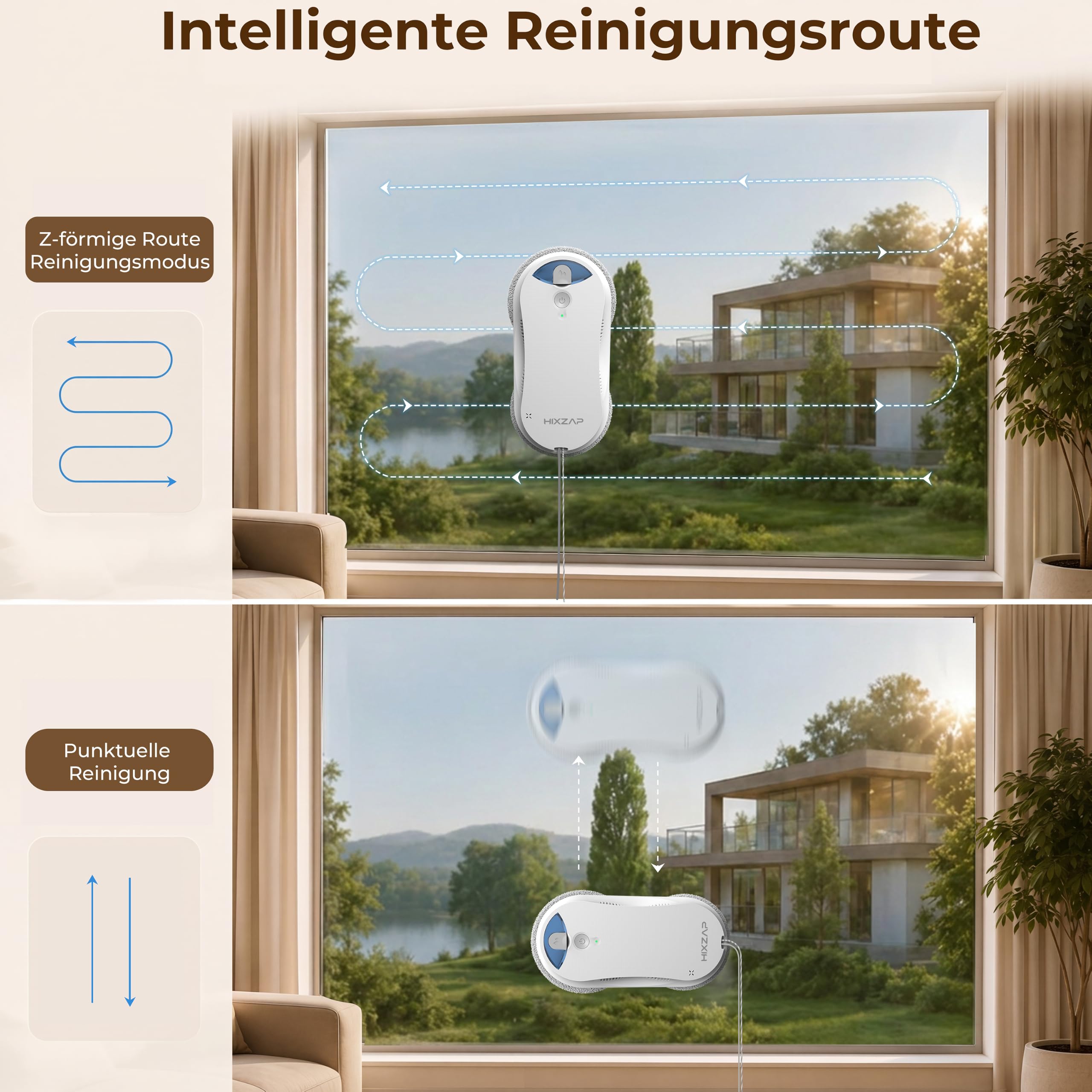 X6 Fensterputzroboter für hohe Fenster, Innen & Außen, Starke Saugkraft | 6400Pa Saugkraft, Doppelsprühfunktion, Randerkennung, intelligente Navigation, flache runde Bauform