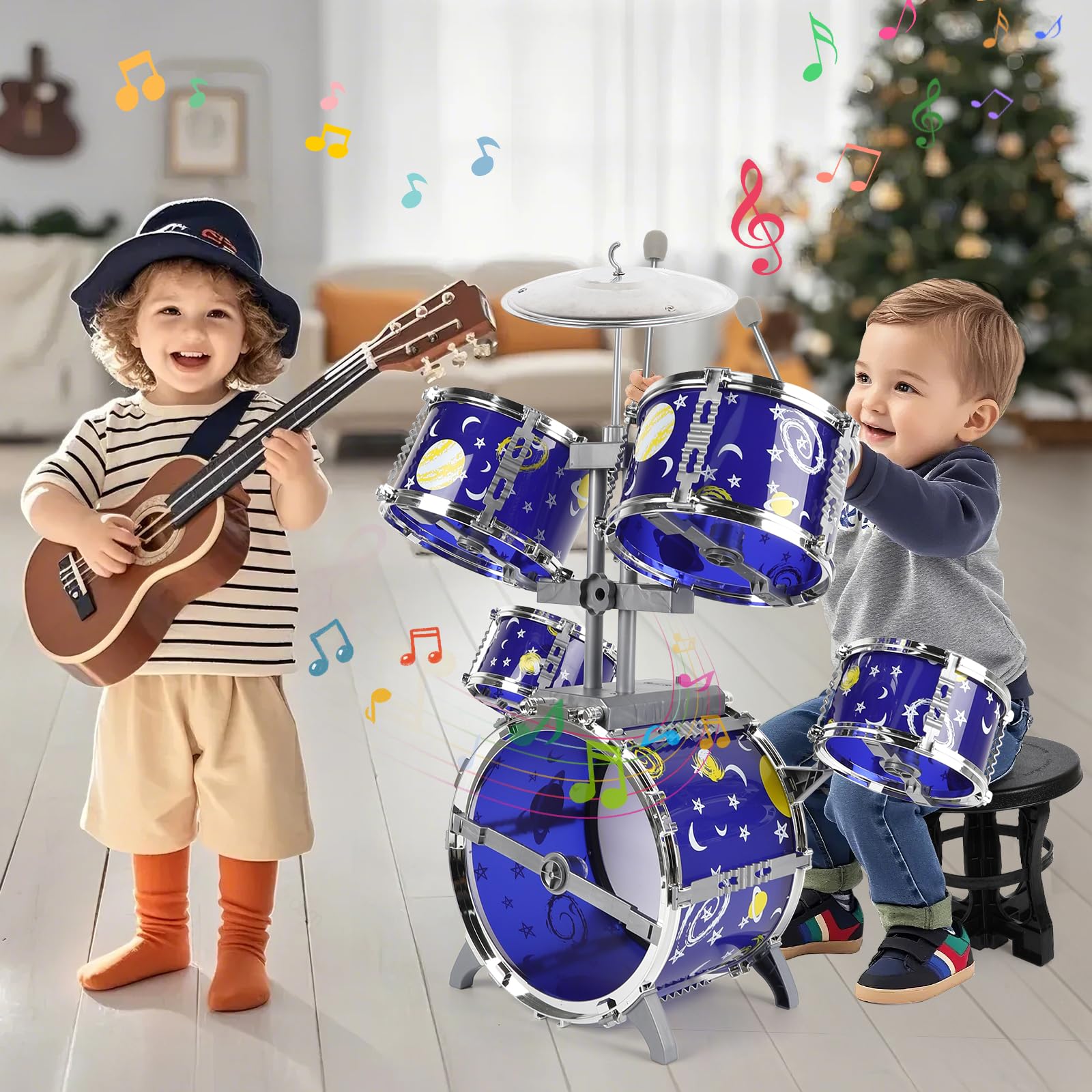 Bateria Infantil Musicales Niños con Luces y Kit de Tambores, Jazz Tambores con Taburete, Instrumentos Educativos para Niños 2-6 Años