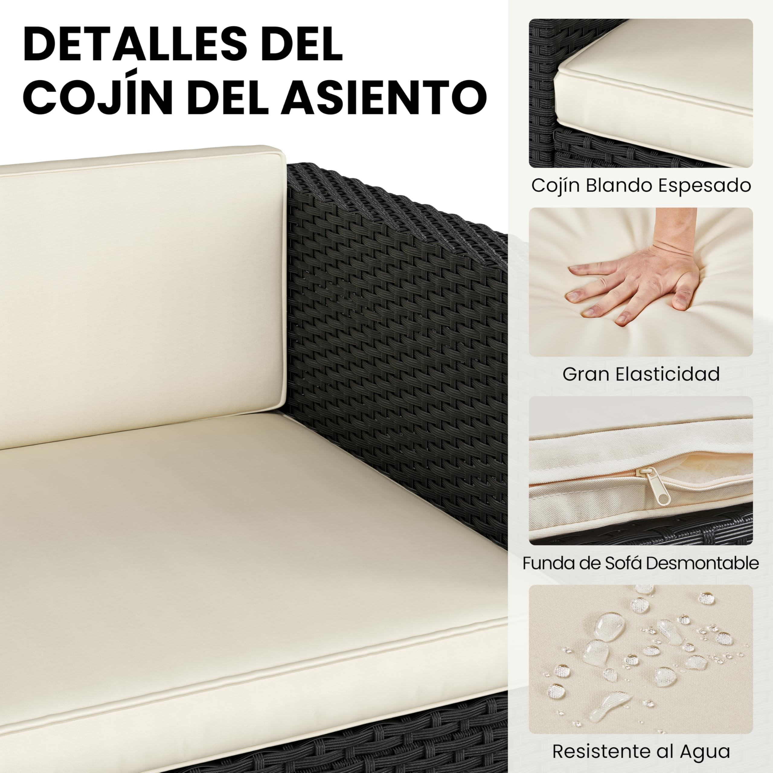 Yaheetech Conjunto de Muebles Ratán de Jardín 5 Piezas con Cojines, 3 Plazas Sofá 1 Taburete y 1 Mesa de Café de Cristal (Negro/Beige)