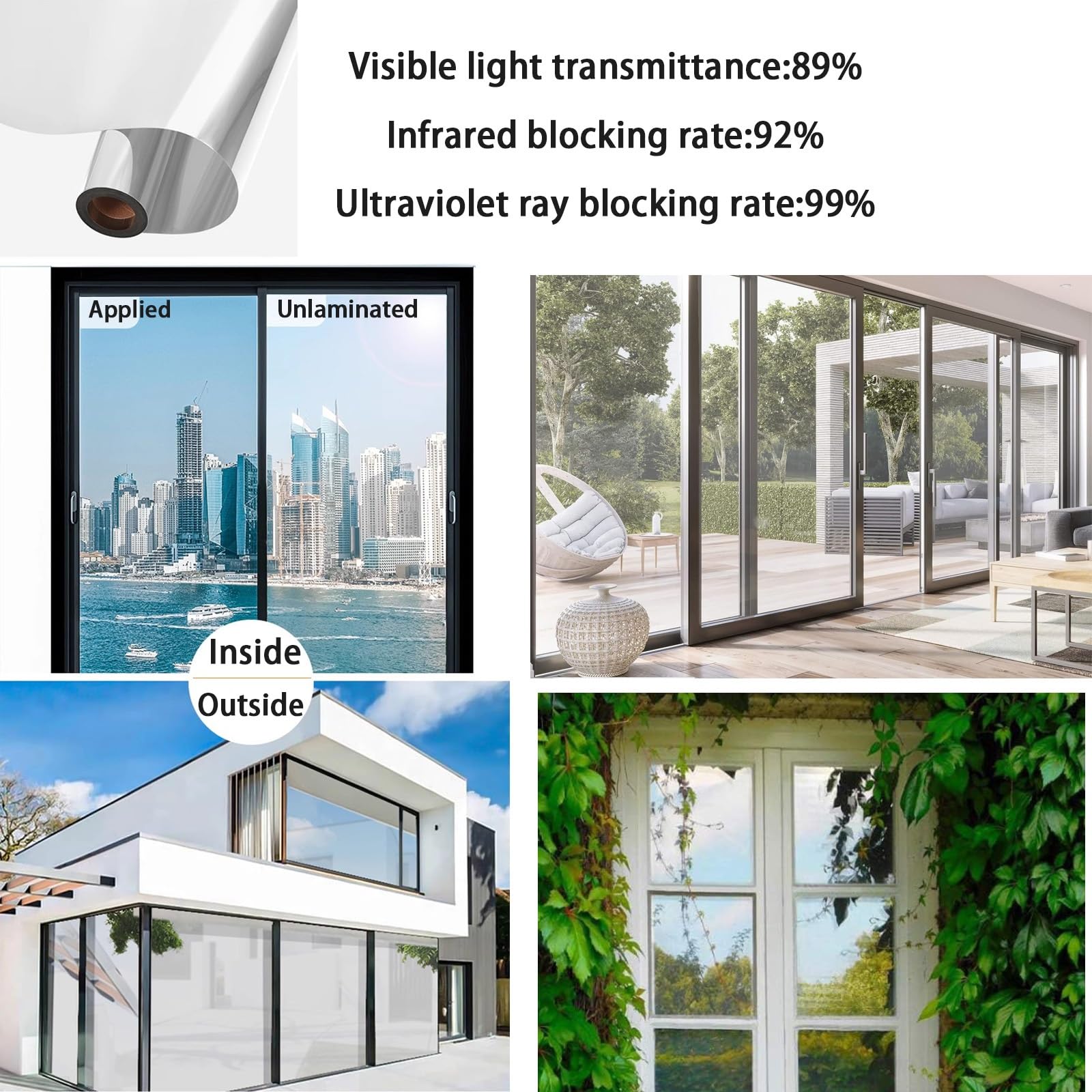HJXGQJM Pellicola per Vetri Finestre,Pellicola Specchio da Finestra Riflettente Monodirezionale, 99% Anti-UV Controllo del Calor, Argento (152x600cm(60x236in