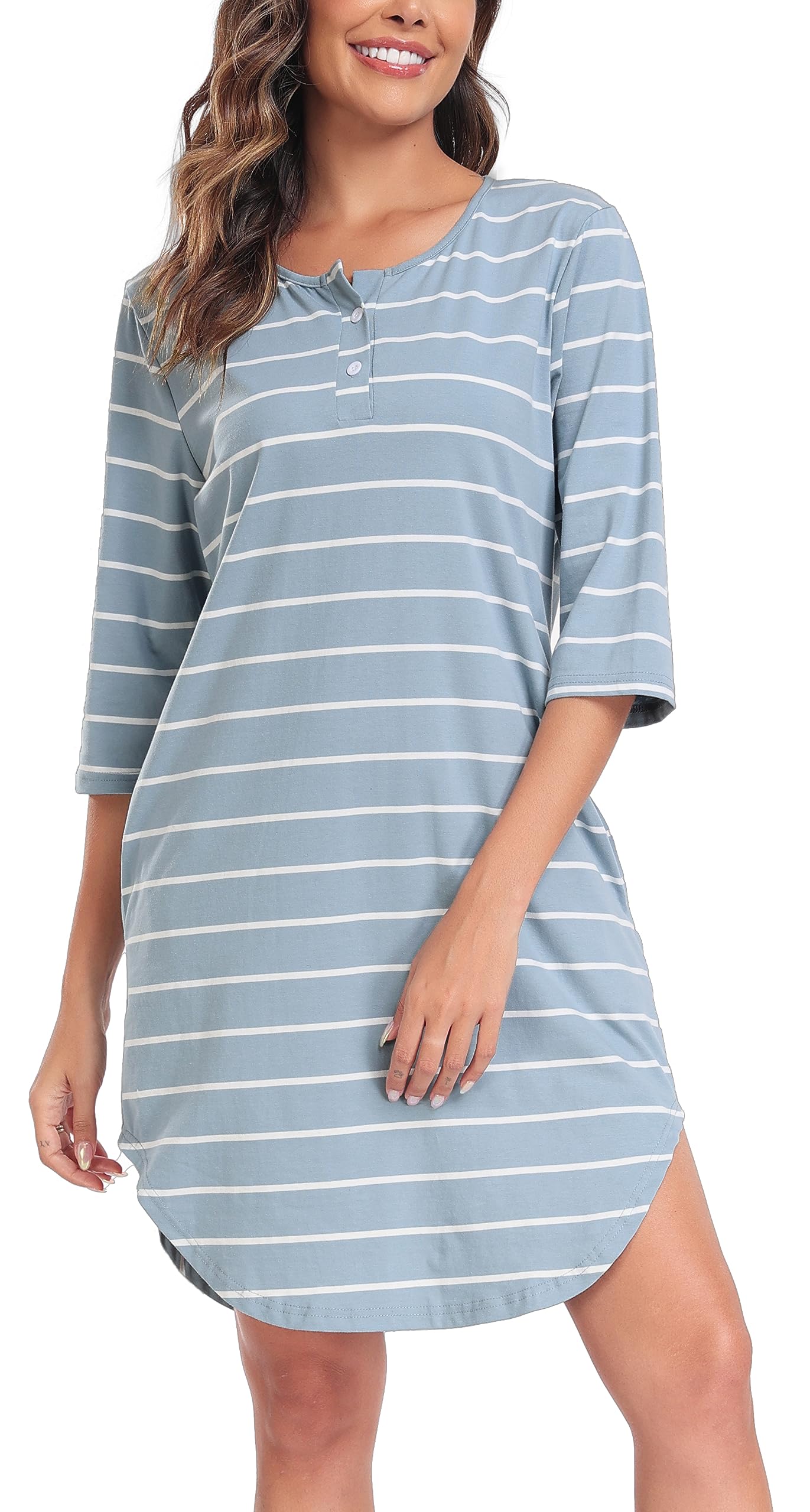 Chemise De Nuit Femme Vlazom Rayée Manches 3/4 Coton Boutonnée - Doux Tee Shirt De Nuit