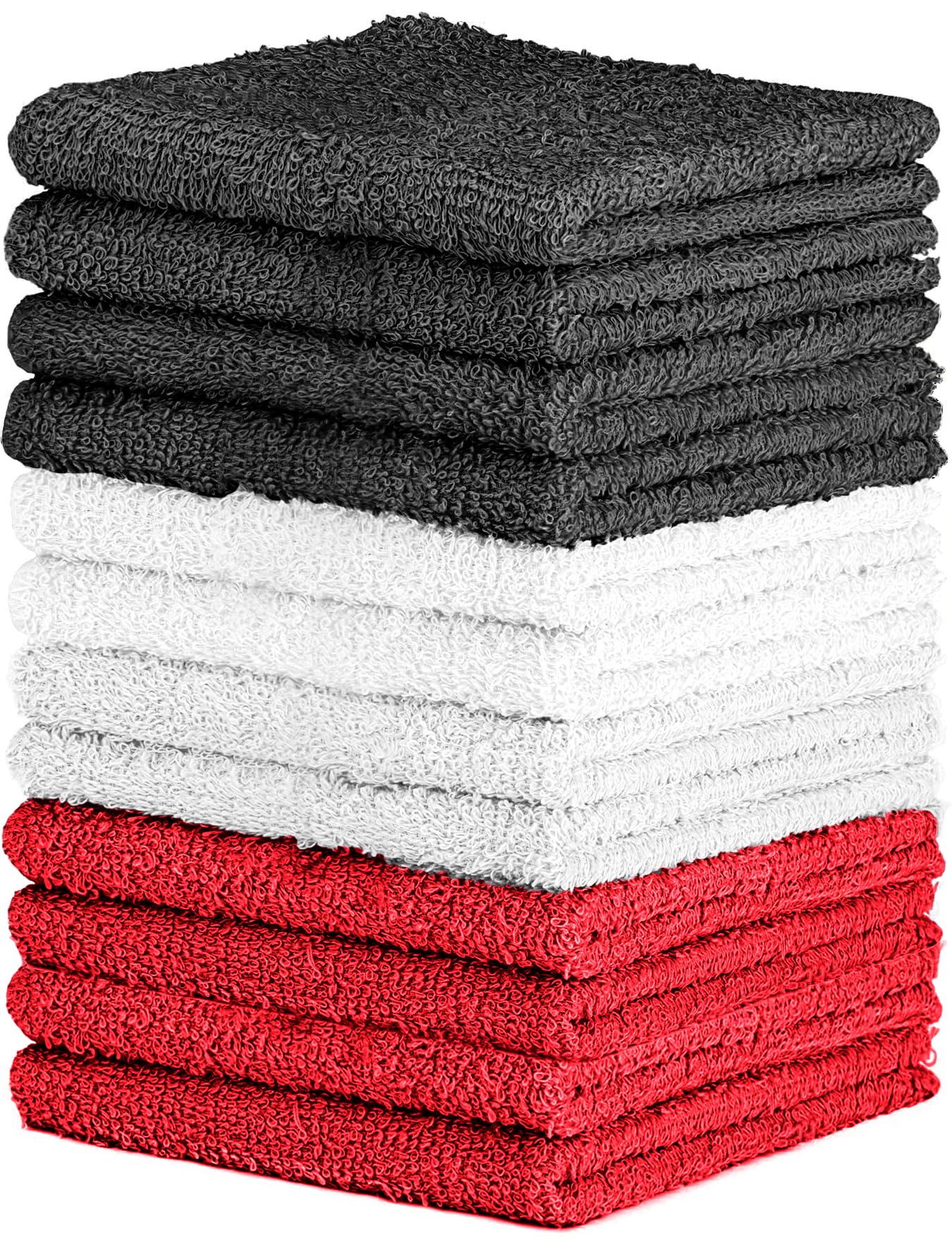 QUBA LINEN 100% Cotton Washcloth Set – Soft, Absorbent Face Towels for Bathroom &amp; Gym Use – Durable &amp; Reusable Wash Cloths - Dark Grey, White &amp; Burgundy, 12x12 Inches, Pack of 12